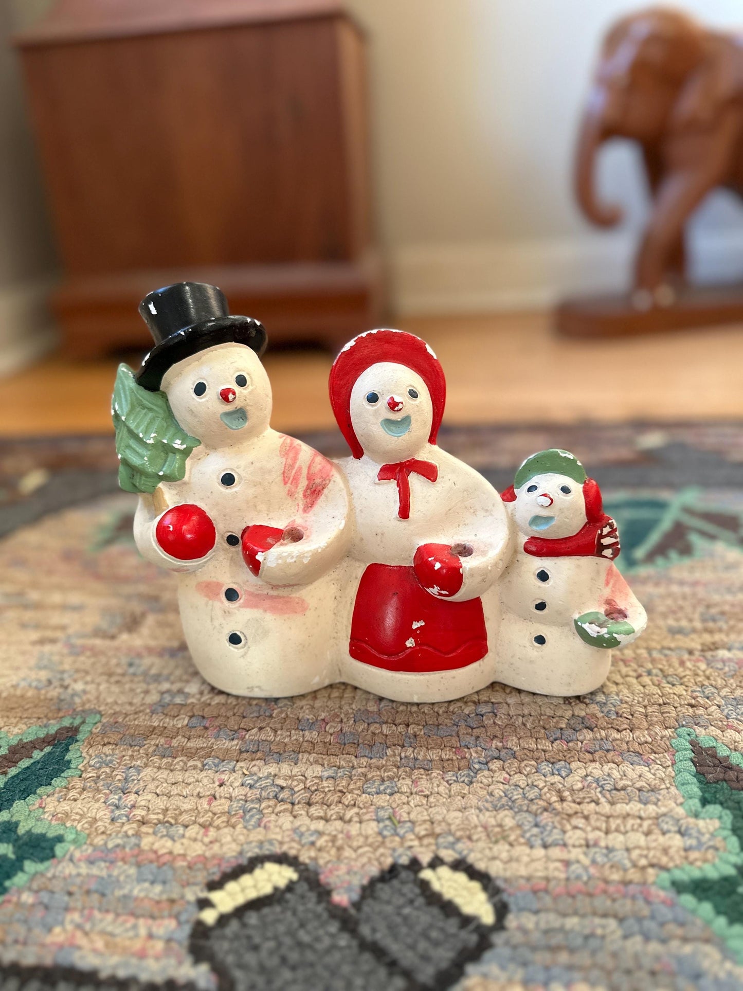 Rare Antique Herman Kleiner Chalkware Snowman Family Candle Holder 1900s