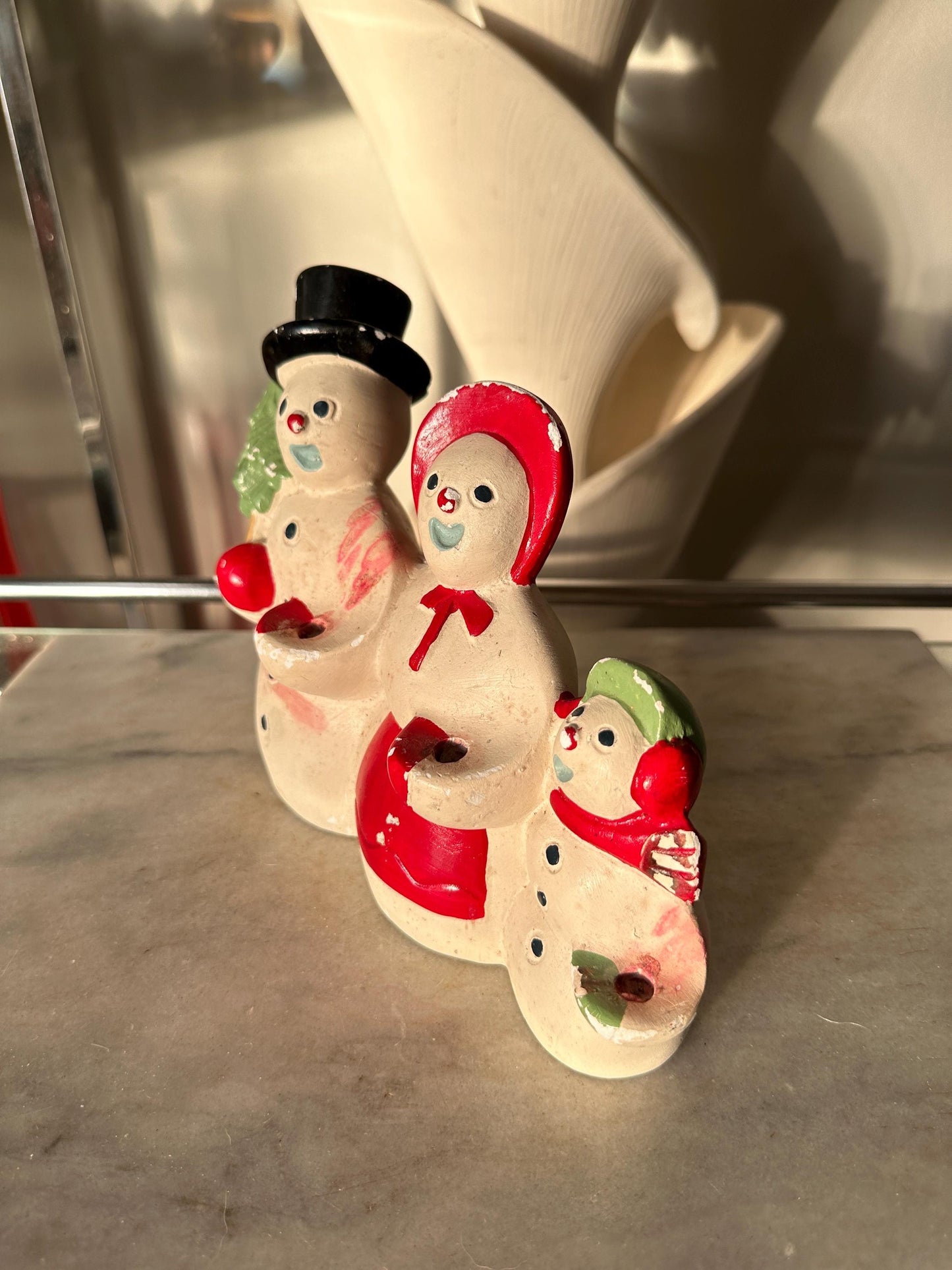 Rare Antique Herman Kleiner Chalkware Snowman Family Candle Holder 1900s