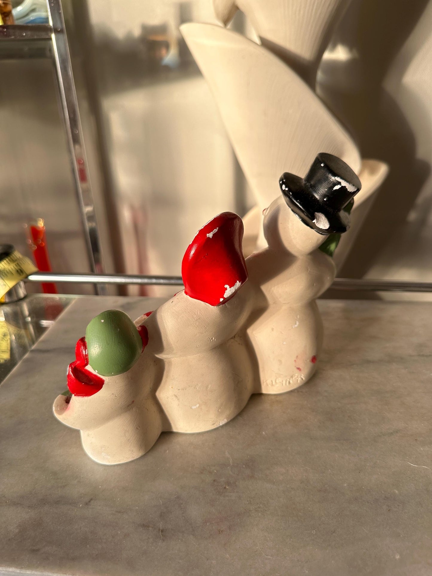 Rare Antique Herman Kleiner Chalkware Snowman Family Candle Holder 1900s