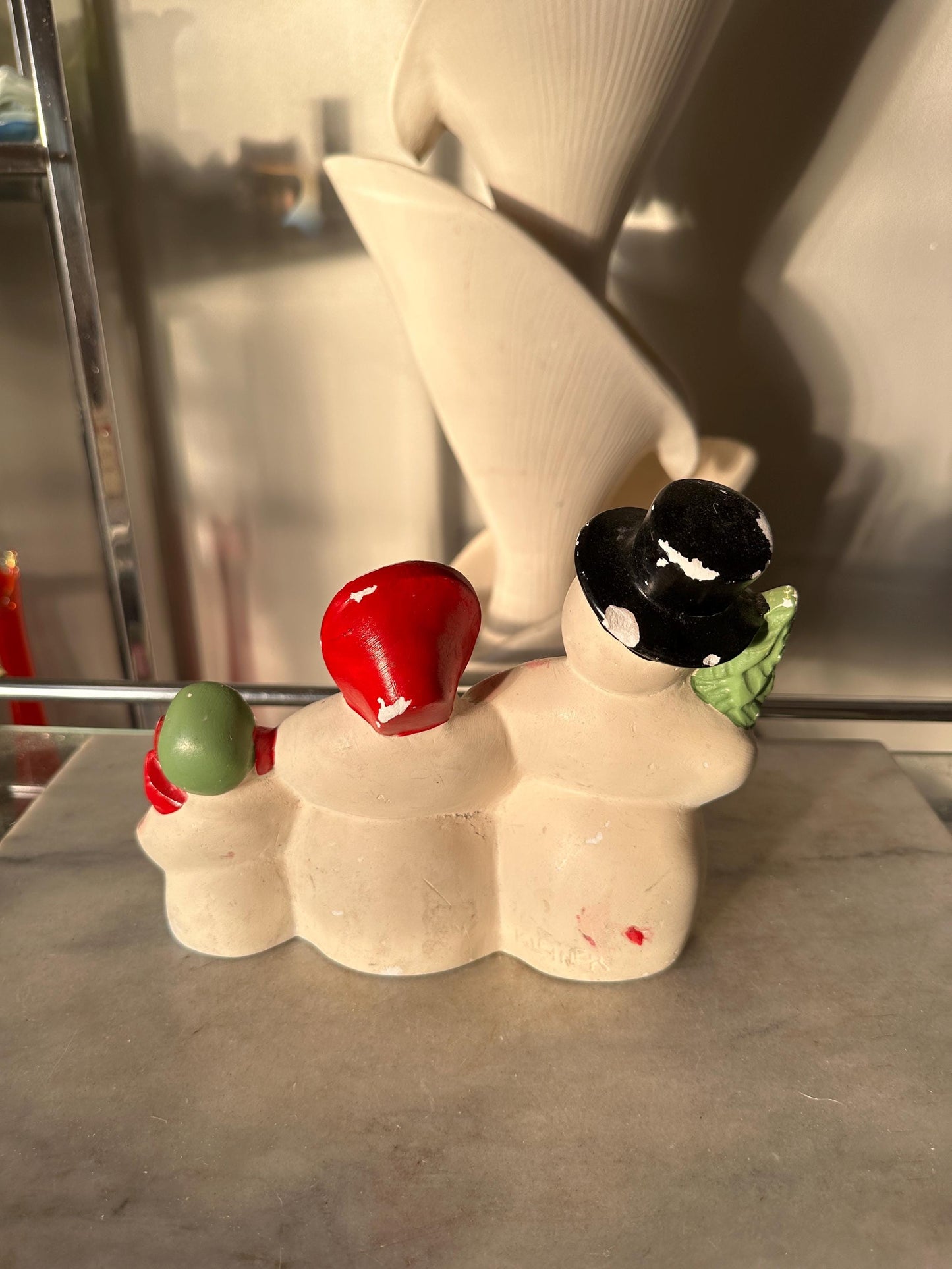 Rare Antique Herman Kleiner Chalkware Snowman Family Candle Holder 1900s