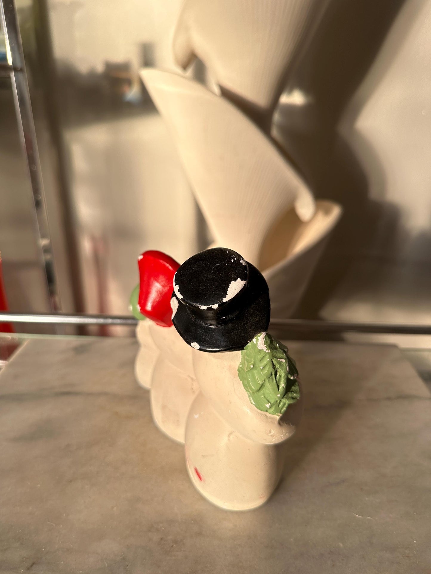 Rare Antique Herman Kleiner Chalkware Snowman Family Candle Holder 1900s