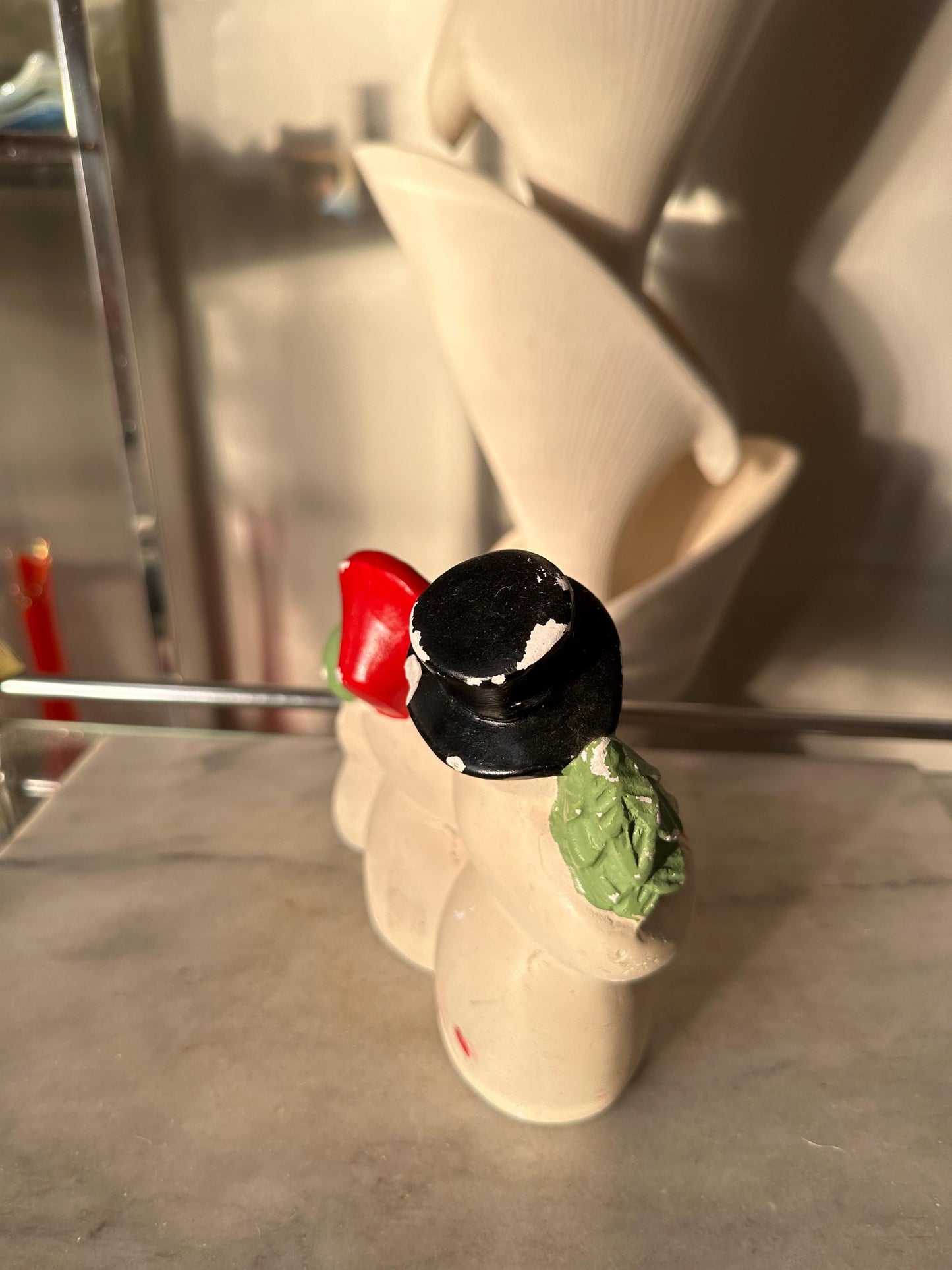 Rare Antique Herman Kleiner Chalkware Snowman Family Candle Holder 1900s