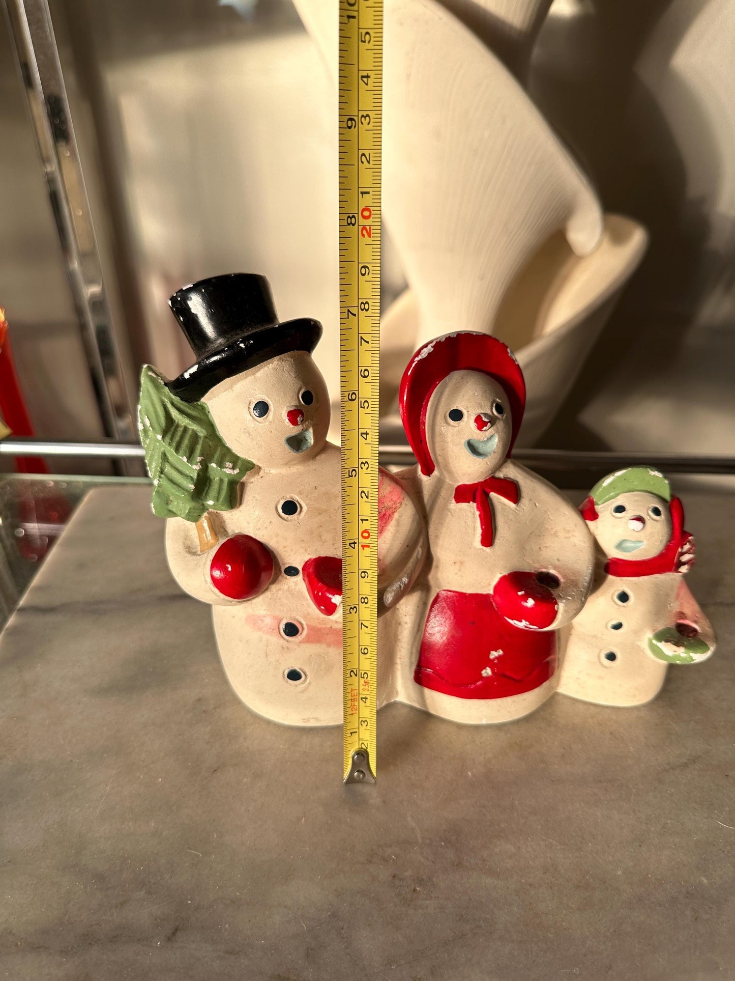 Rare Antique Herman Kleiner Chalkware Snowman Family Candle Holder 1900s