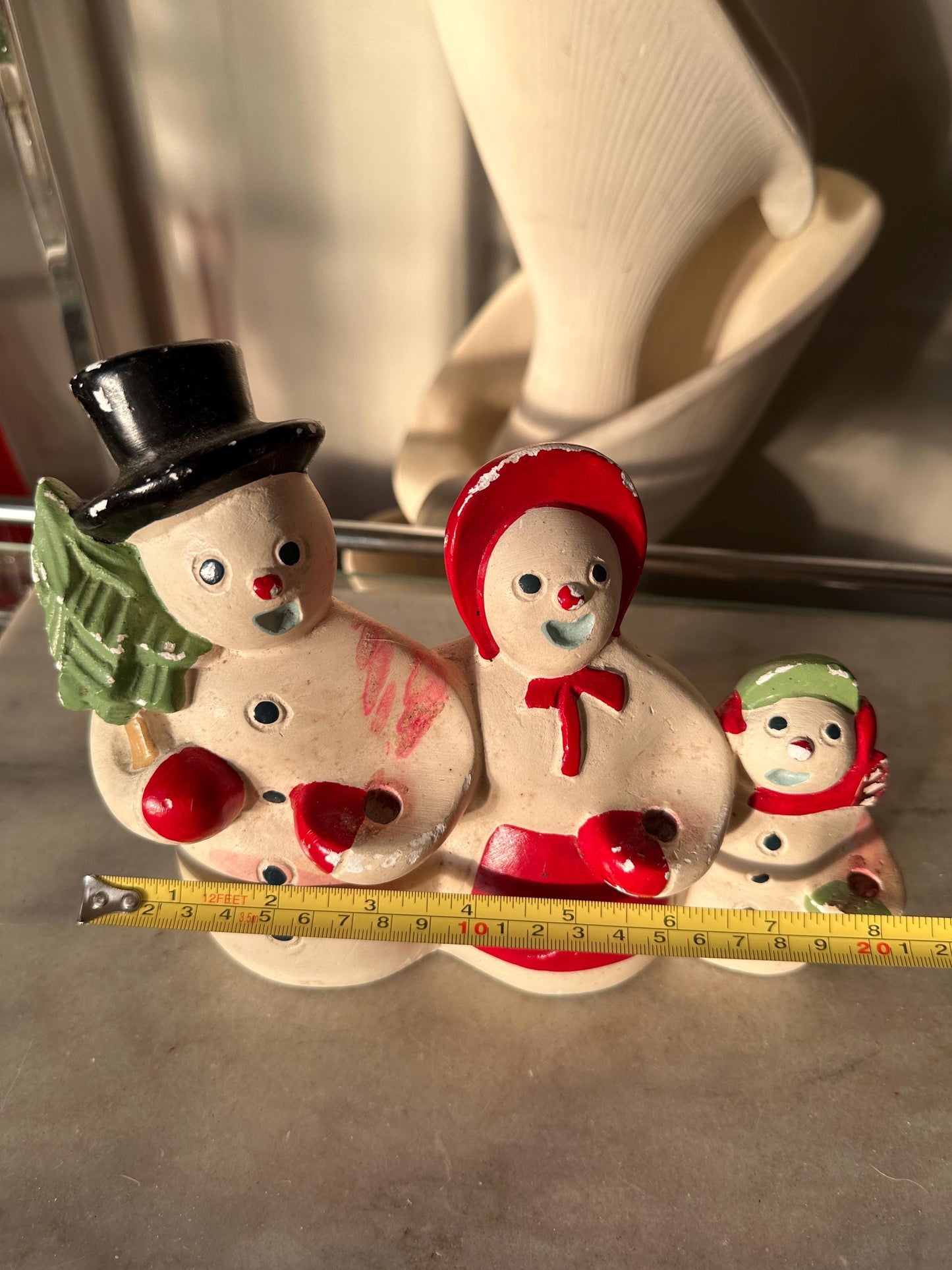 Rare Antique Herman Kleiner Chalkware Snowman Family Candle Holder 1900s