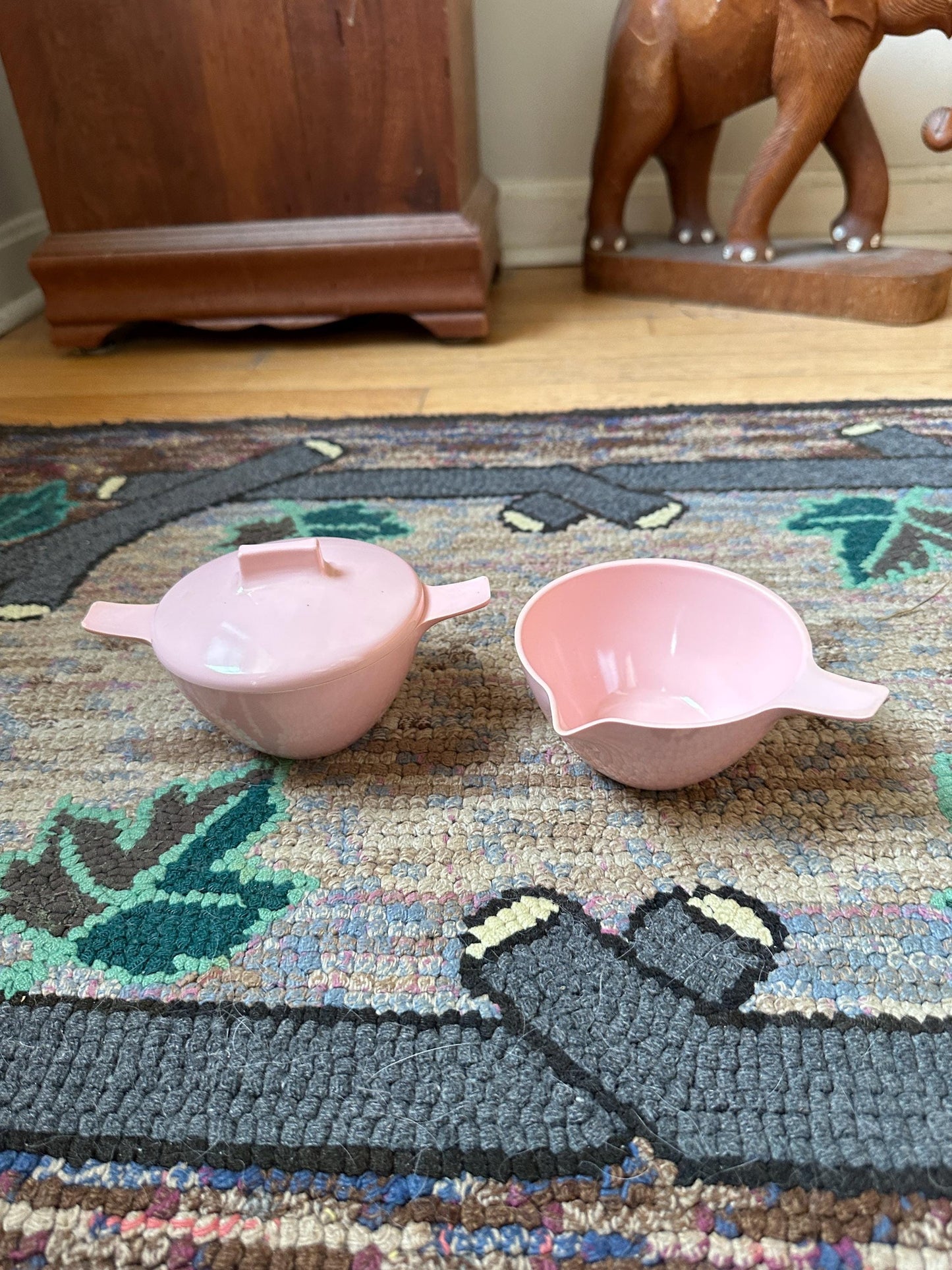 Vintage Westinghouse Pink Melamine Sugar Bowl and Creamer Set - MCM Kitchen