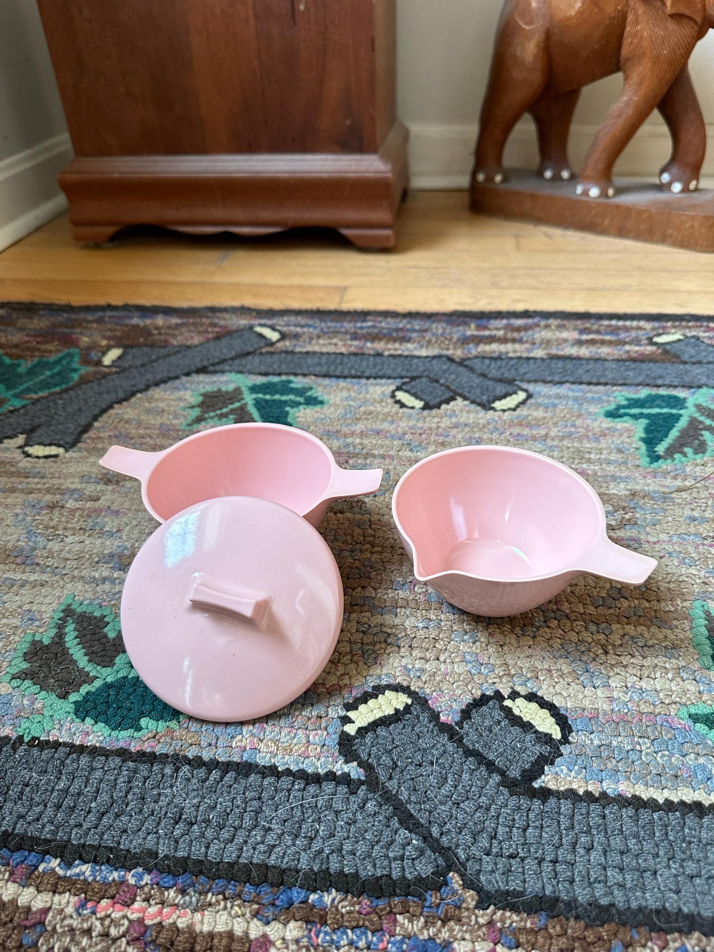 Vintage Westinghouse Pink Melamine Sugar Bowl and Creamer Set - MCM Kitchen