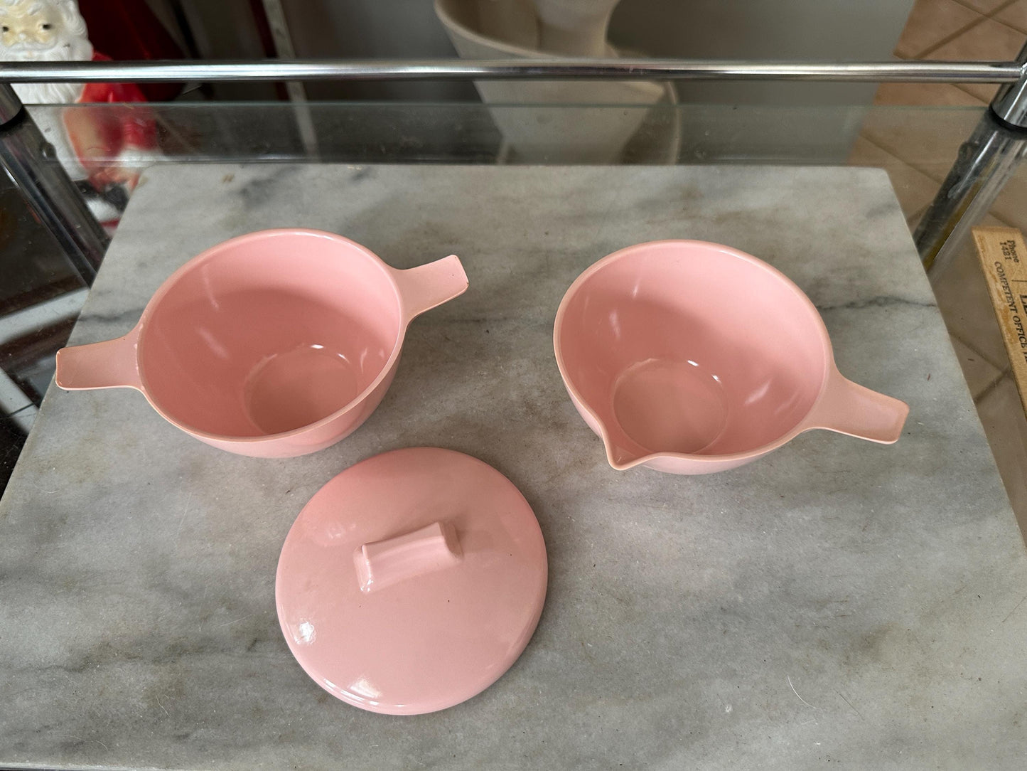 Vintage Westinghouse Pink Melamine Sugar Bowl and Creamer Set - MCM Kitchen