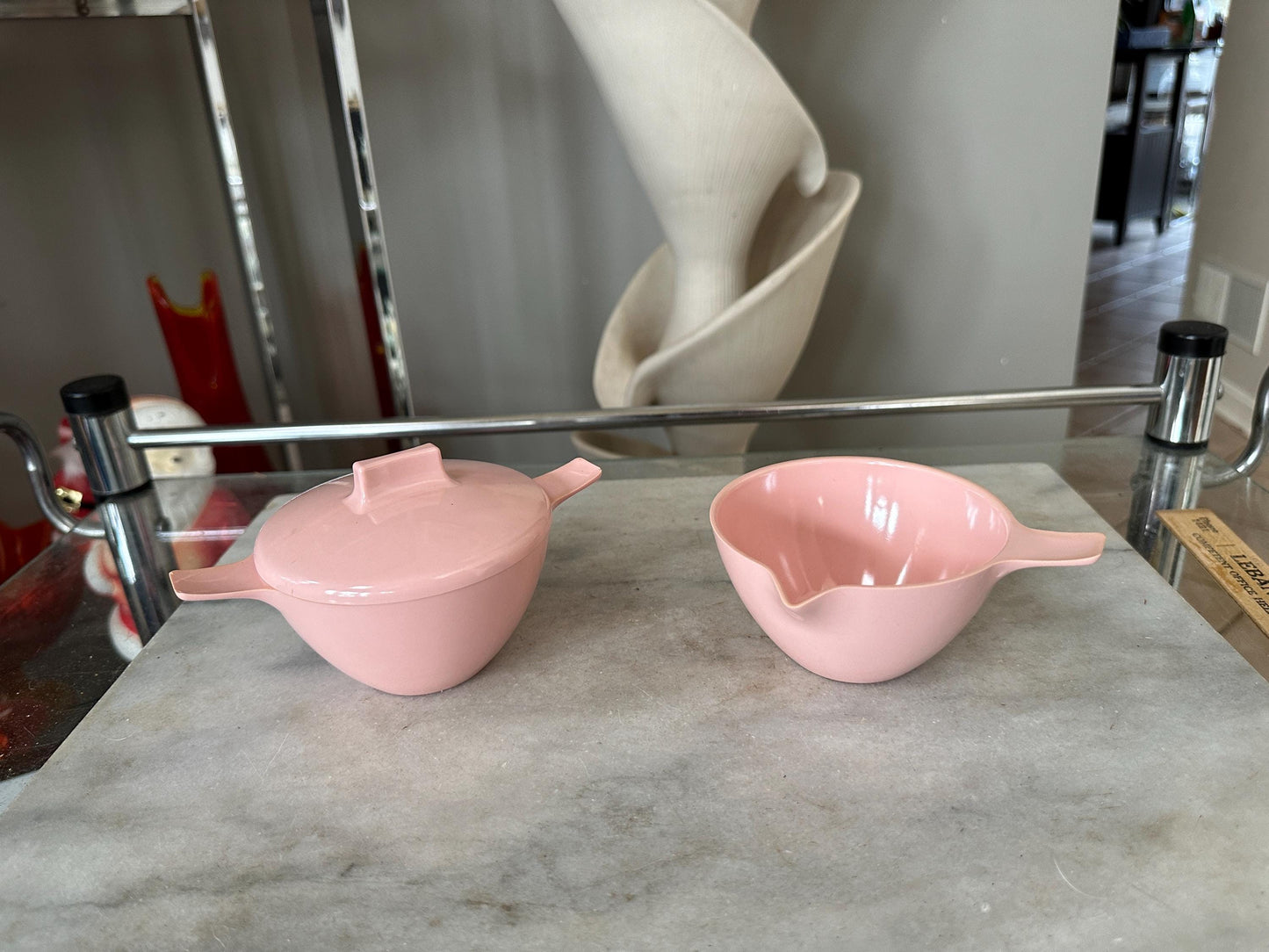 Vintage Westinghouse Pink Melamine Sugar Bowl and Creamer Set - MCM Kitchen