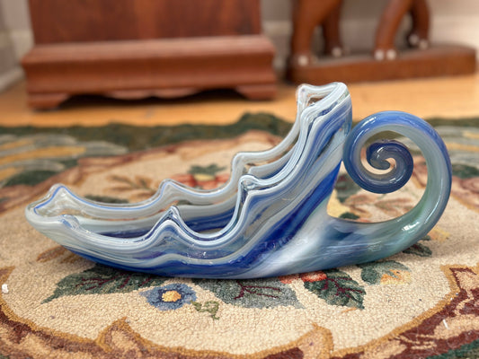 Mid Century Modern Art Glass Cornucopia Bowl: Aqua Blue Centerpiece