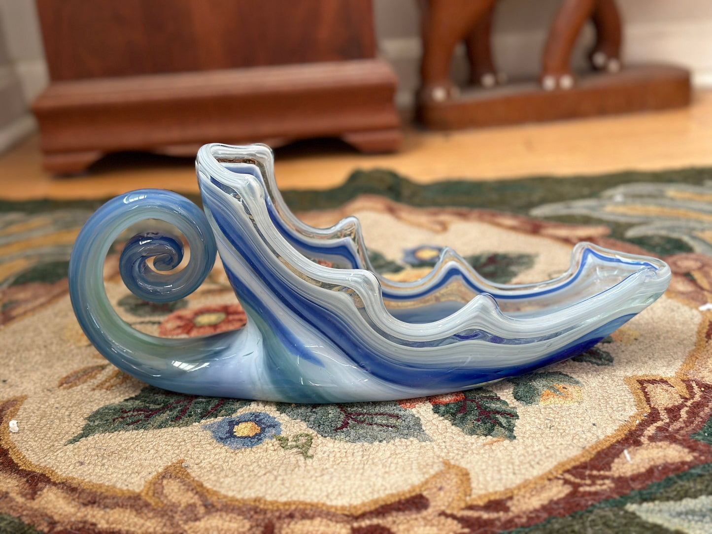 Mid Century Modern Art Glass Cornucopia Bowl: Aqua Blue Centerpiece