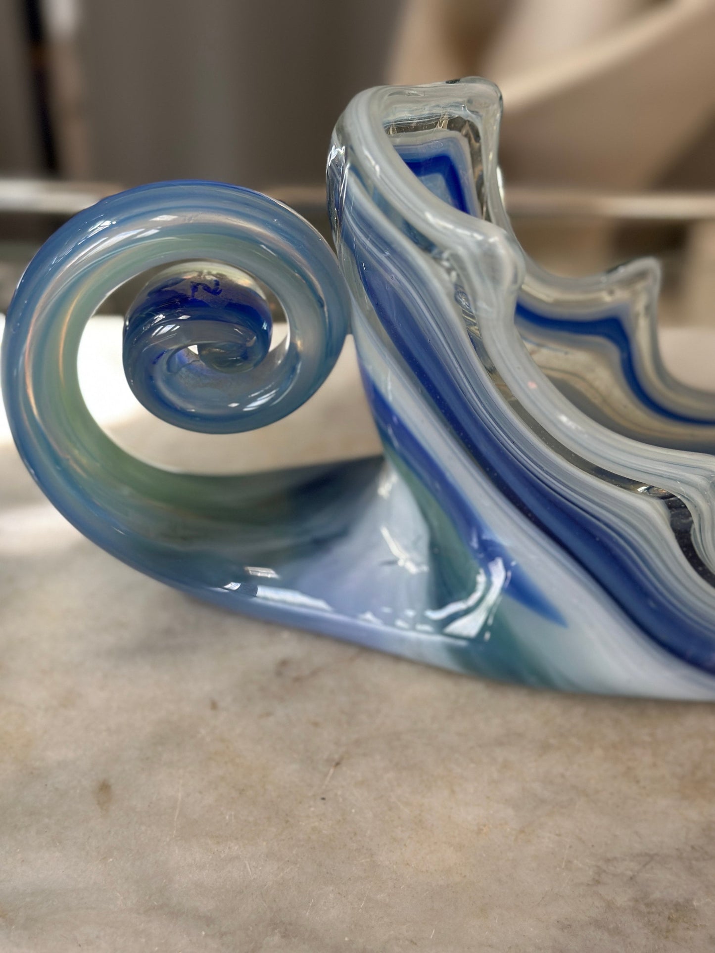 Mid Century Modern Art Glass Cornucopia Bowl: Aqua Blue Centerpiece