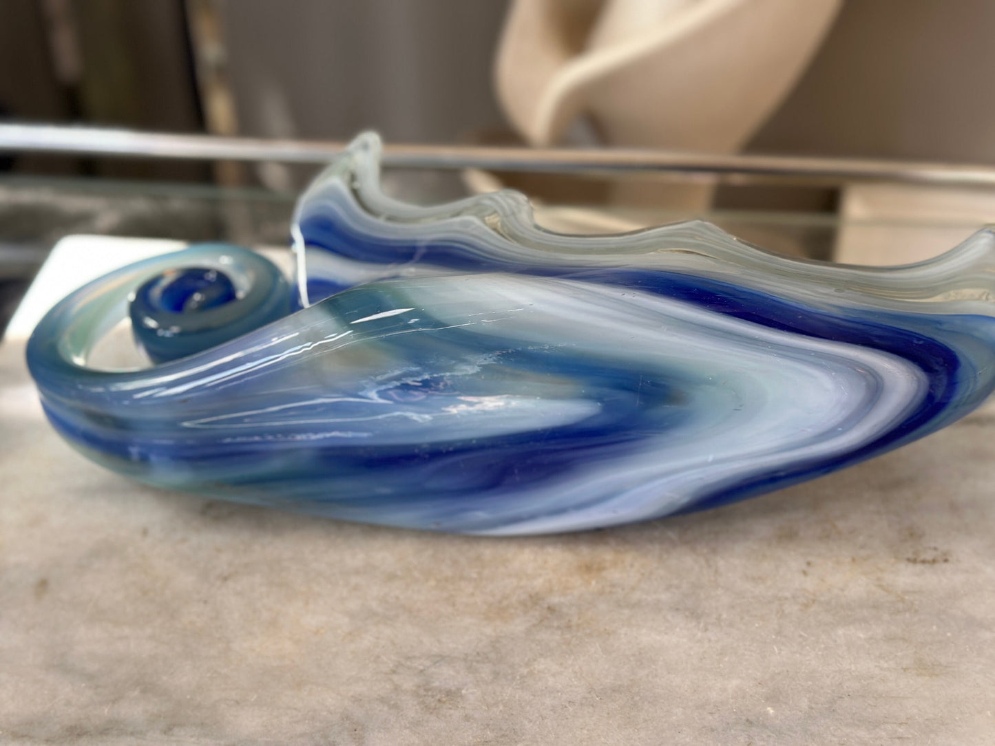 Mid Century Modern Art Glass Cornucopia Bowl: Aqua Blue Centerpiece