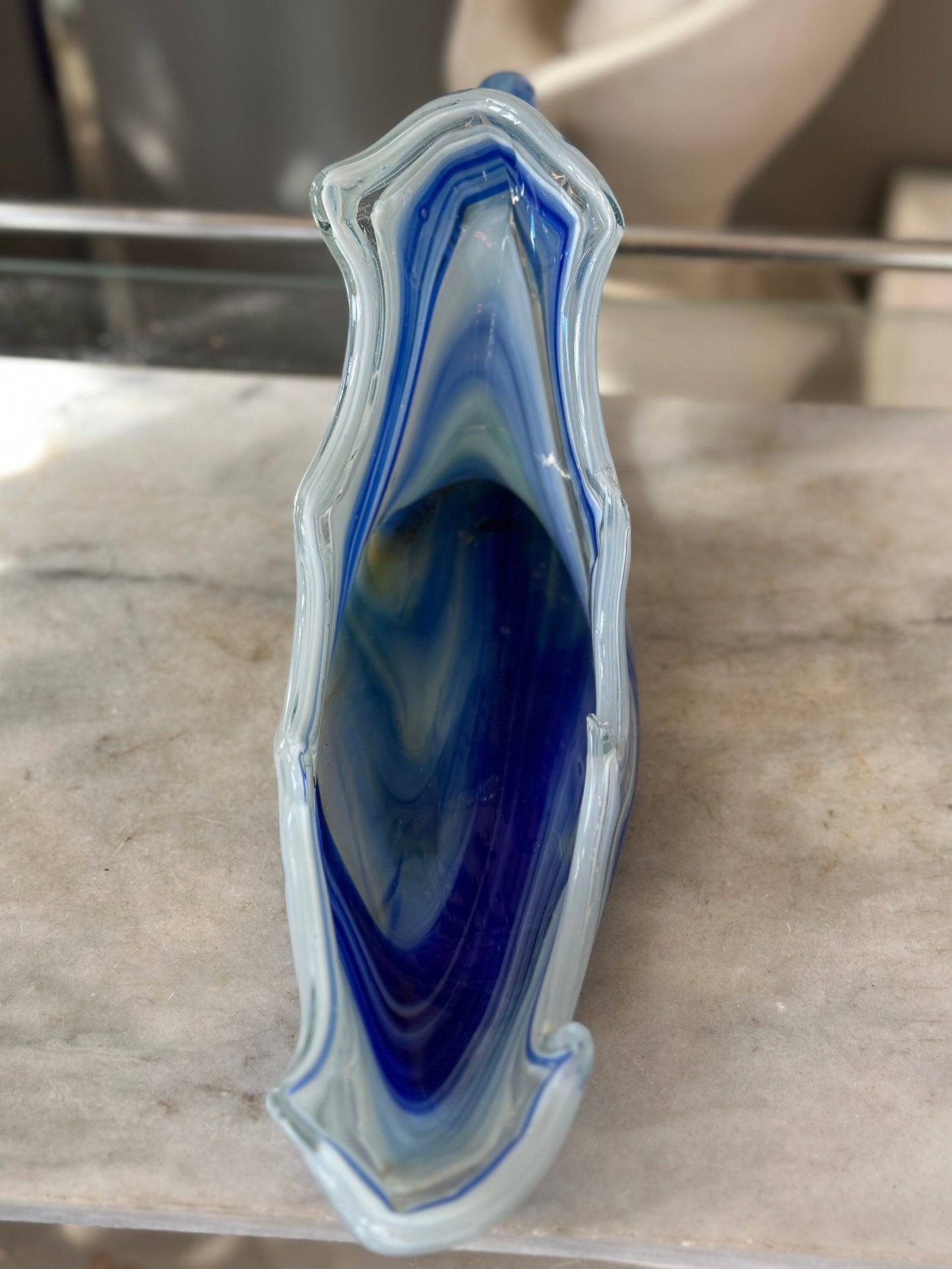 Mid Century Modern Art Glass Cornucopia Bowl: Aqua Blue Centerpiece