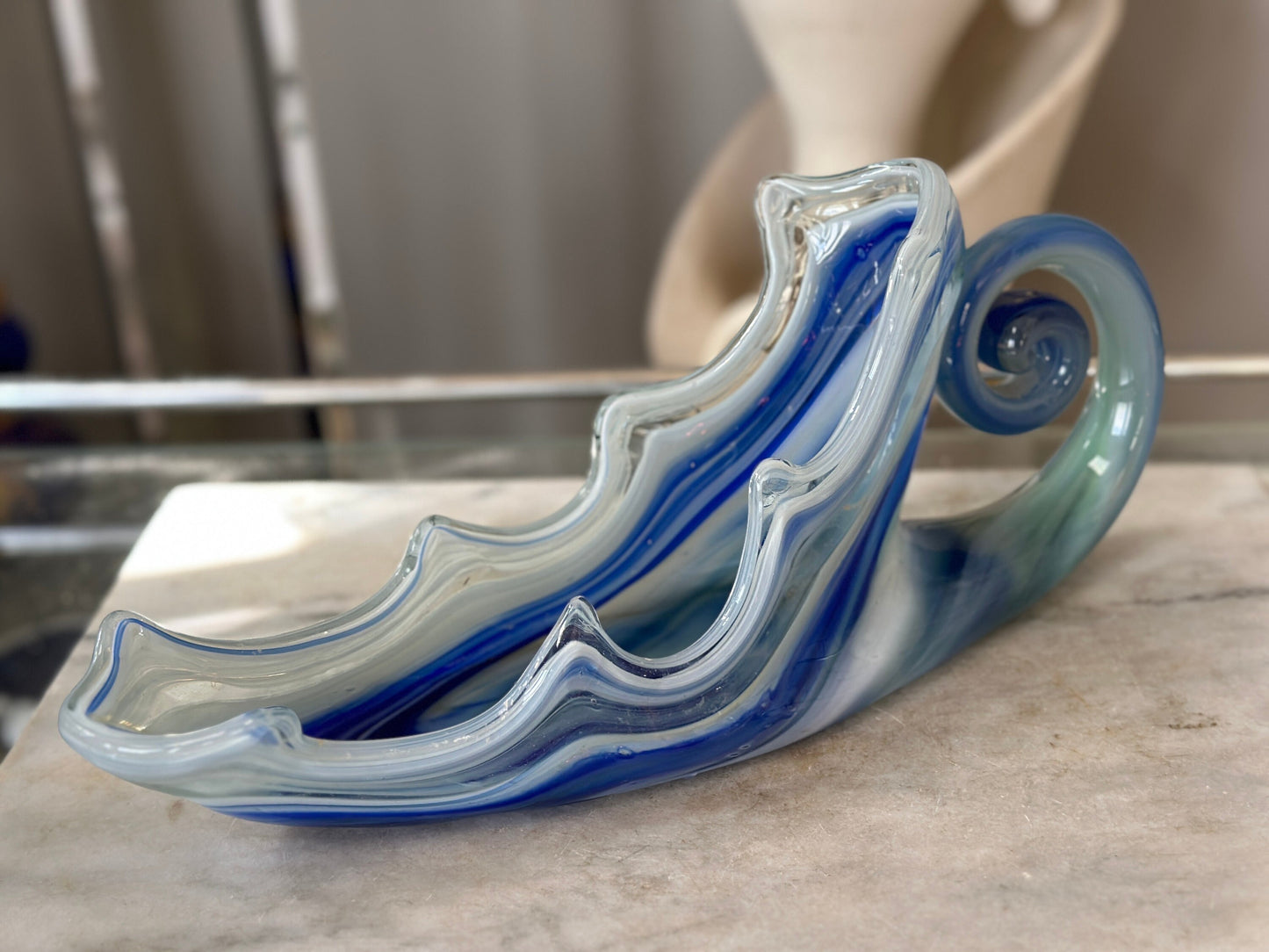 Mid Century Modern Art Glass Cornucopia Bowl: Aqua Blue Centerpiece