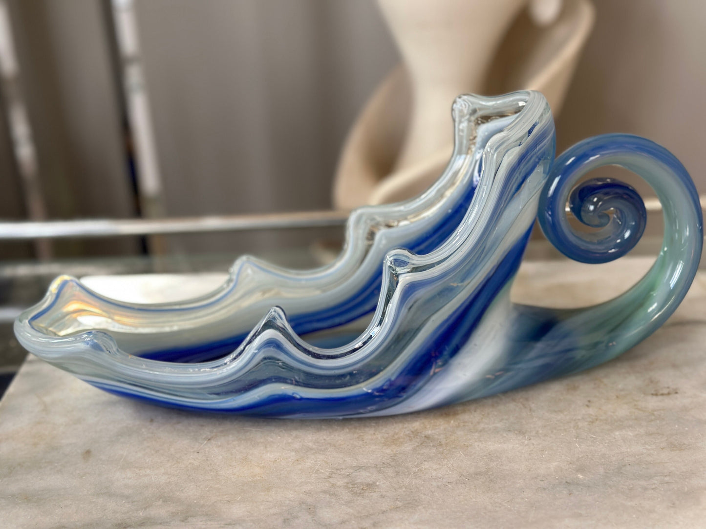 Mid Century Modern Art Glass Cornucopia Bowl: Aqua Blue Centerpiece