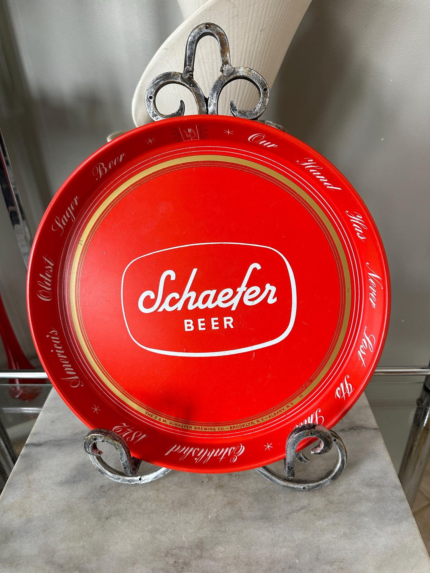 Vintage Schaefer Beer Ref Metal Bar Tray |  Beer Lover Gift Home Bar Accessories Authentic Schaefer Memorabilia Round Serving Tray
