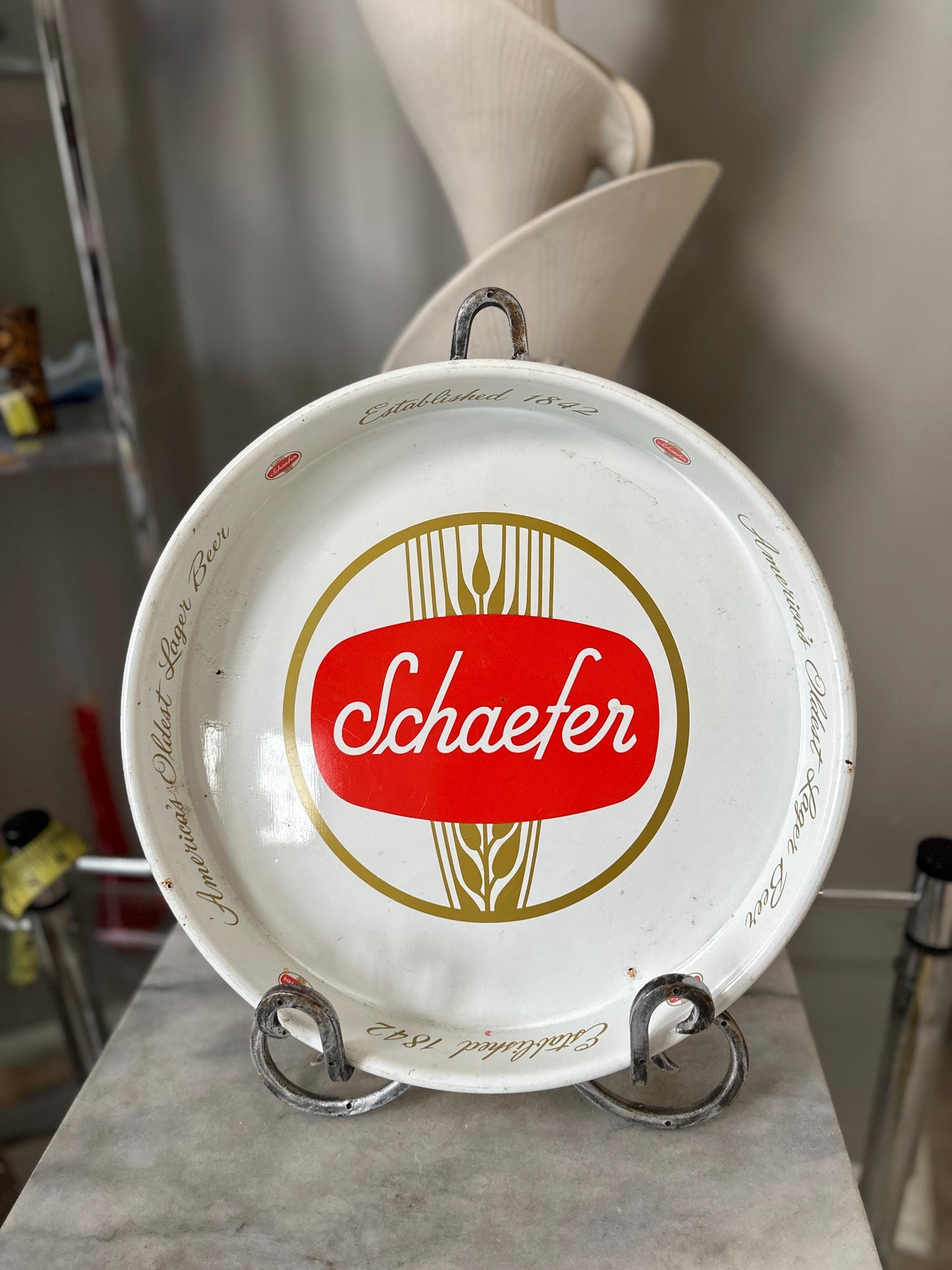 Vintage Schaefer Beer Metal Bar Tray |  Beer Lover Gift Home Bar Accessories Authentic Budweiser Memorabilia Round Serving Tray