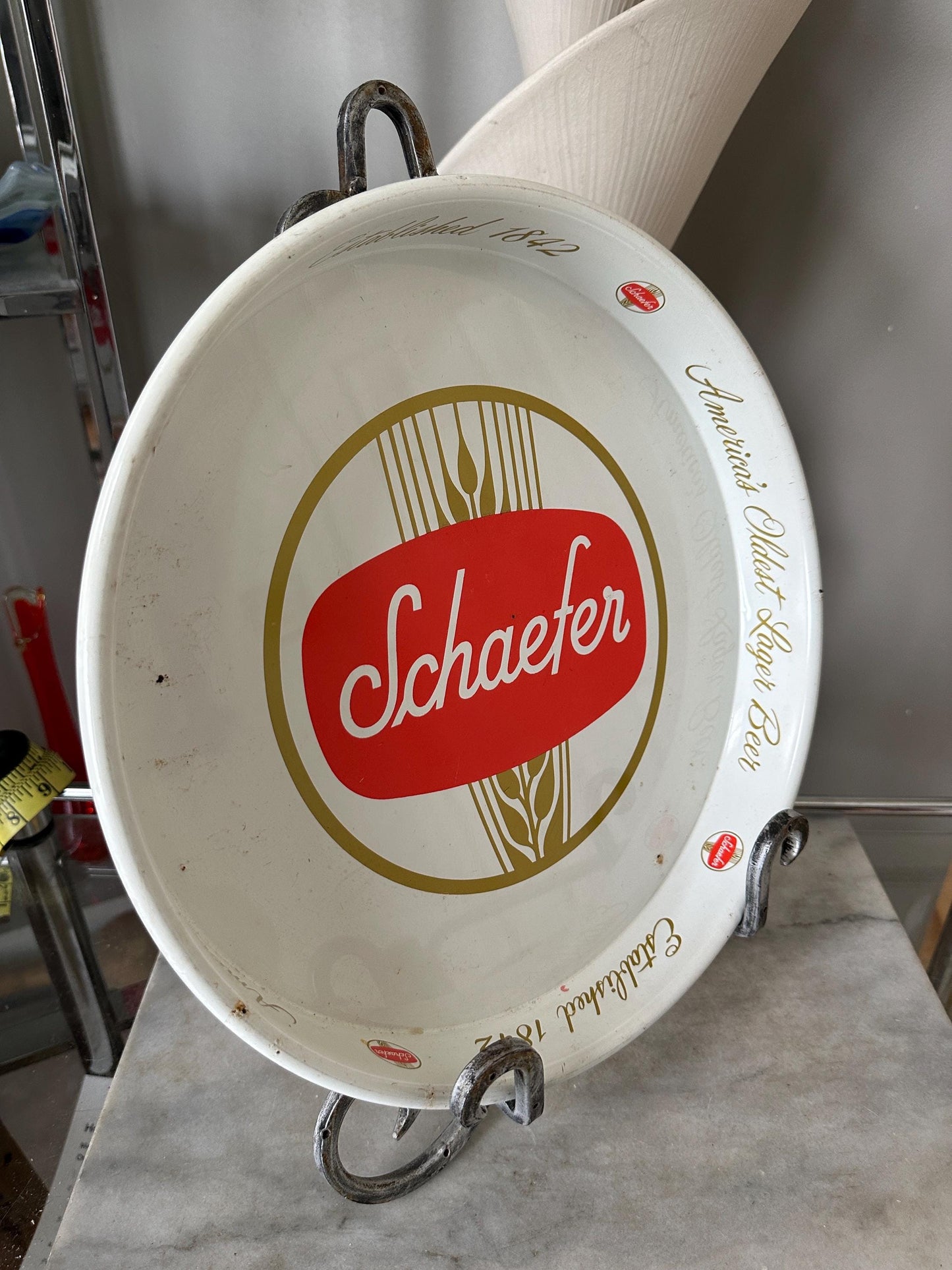 Vintage Schaefer Beer Metal Bar Tray |  Beer Lover Gift Home Bar Accessories Authentic Budweiser Memorabilia Round Serving Tray