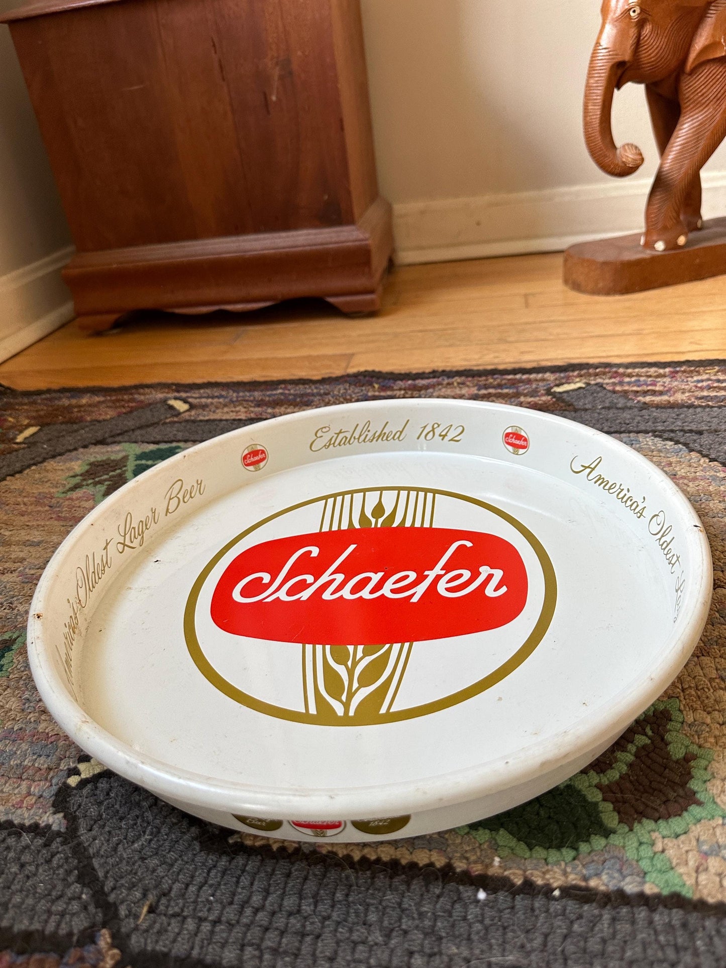 Vintage Schaefer Beer Metal Bar Tray |  Beer Lover Gift Home Bar Accessories Authentic Budweiser Memorabilia Round Serving Tray
