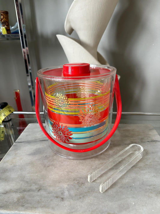 Vintage 90s Colorful Striped /  Flower Ice bucket with Tongs, Serving Set