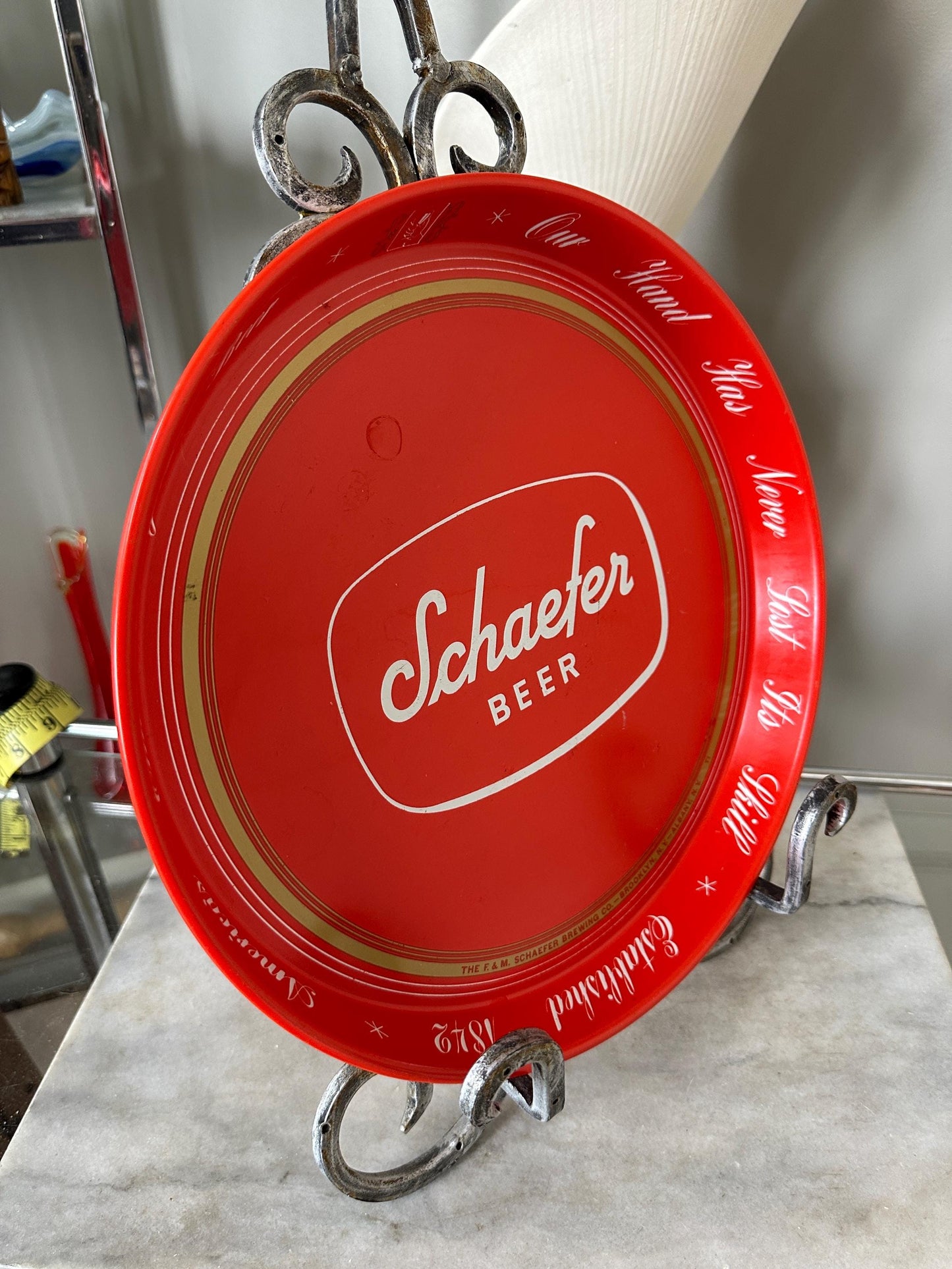 Vintage Schaefer Beer Ref Metal Bar Tray |  Beer Lover Gift Home Bar Accessories Authentic Schaefer Memorabilia Round Serving Tray