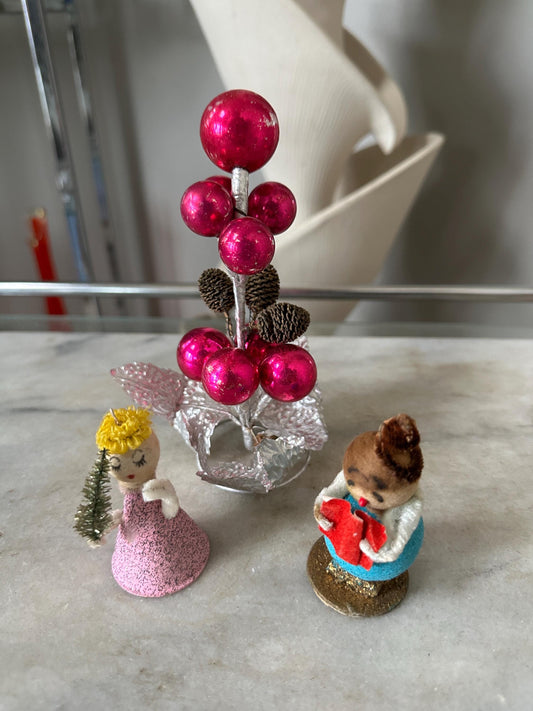Kitschy Christmas Ornaments Set | Mercury Glass Tree, Putz Angel, Man (Made in Japan)
