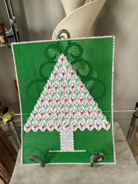 Vintage Christmas Tree Yarn Art, Plastic Canvas Kitsch, Wall Hanging Decor 14x11 inches