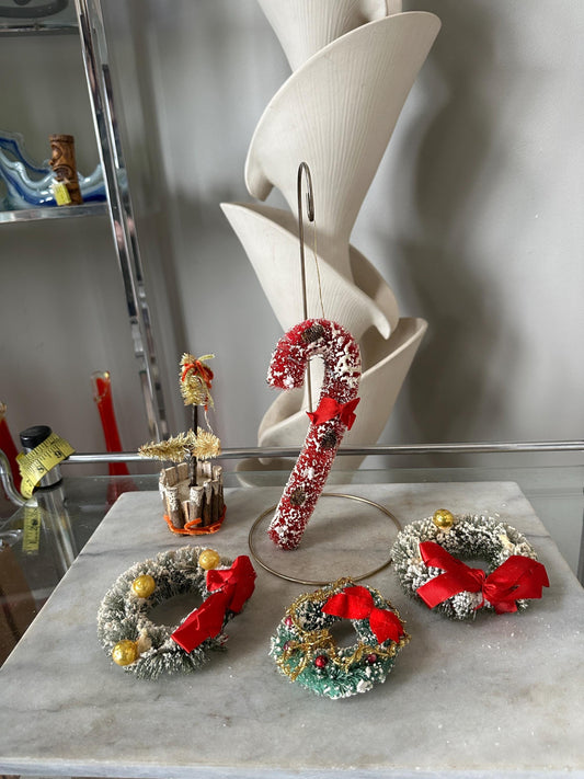 Vintage Bottle Brush and Micah Glitter Ornaments, made in the 1950s