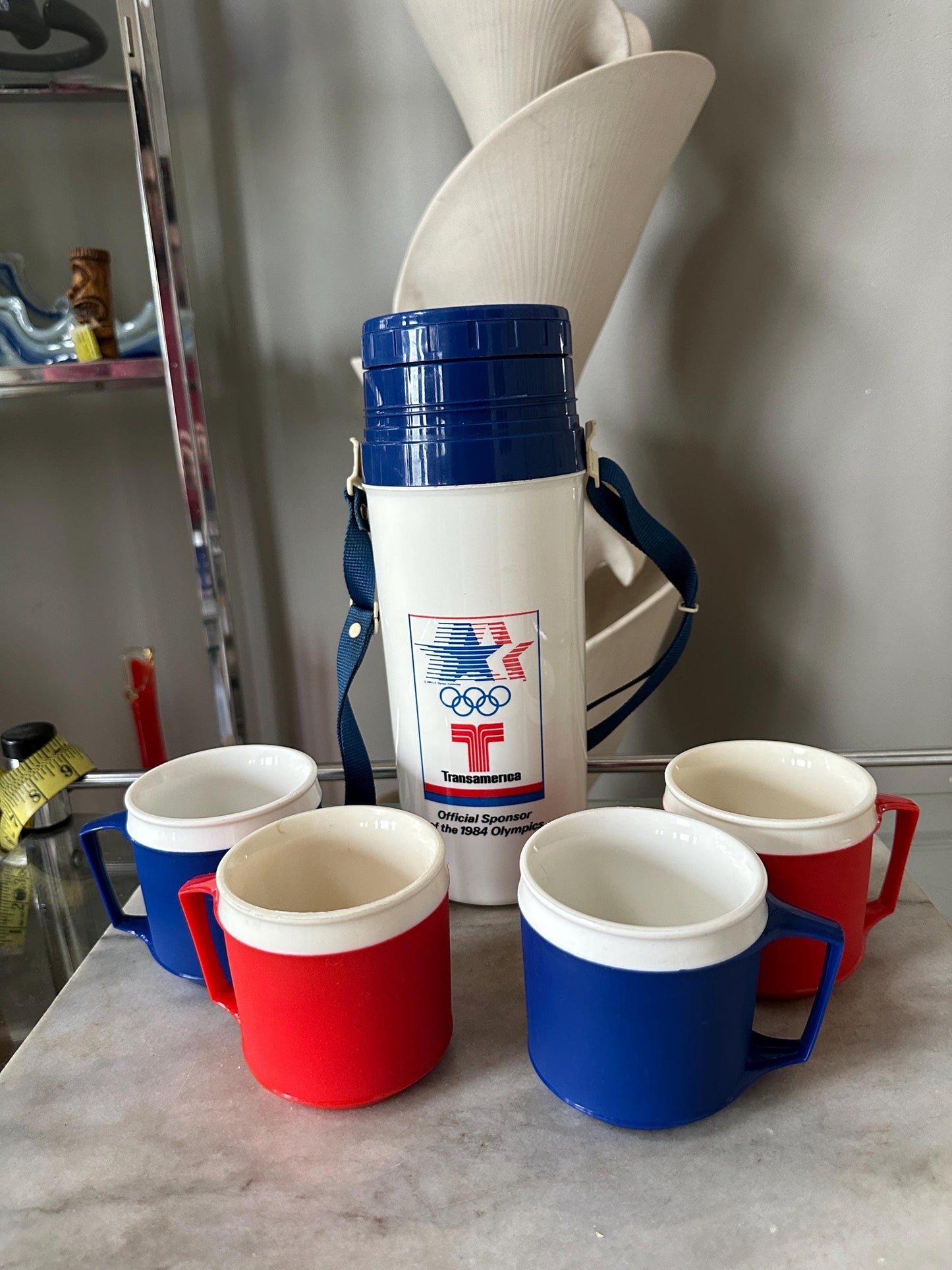 1984 Los Angeles Olympics Souvenir Thermos with Mugs | NOS
