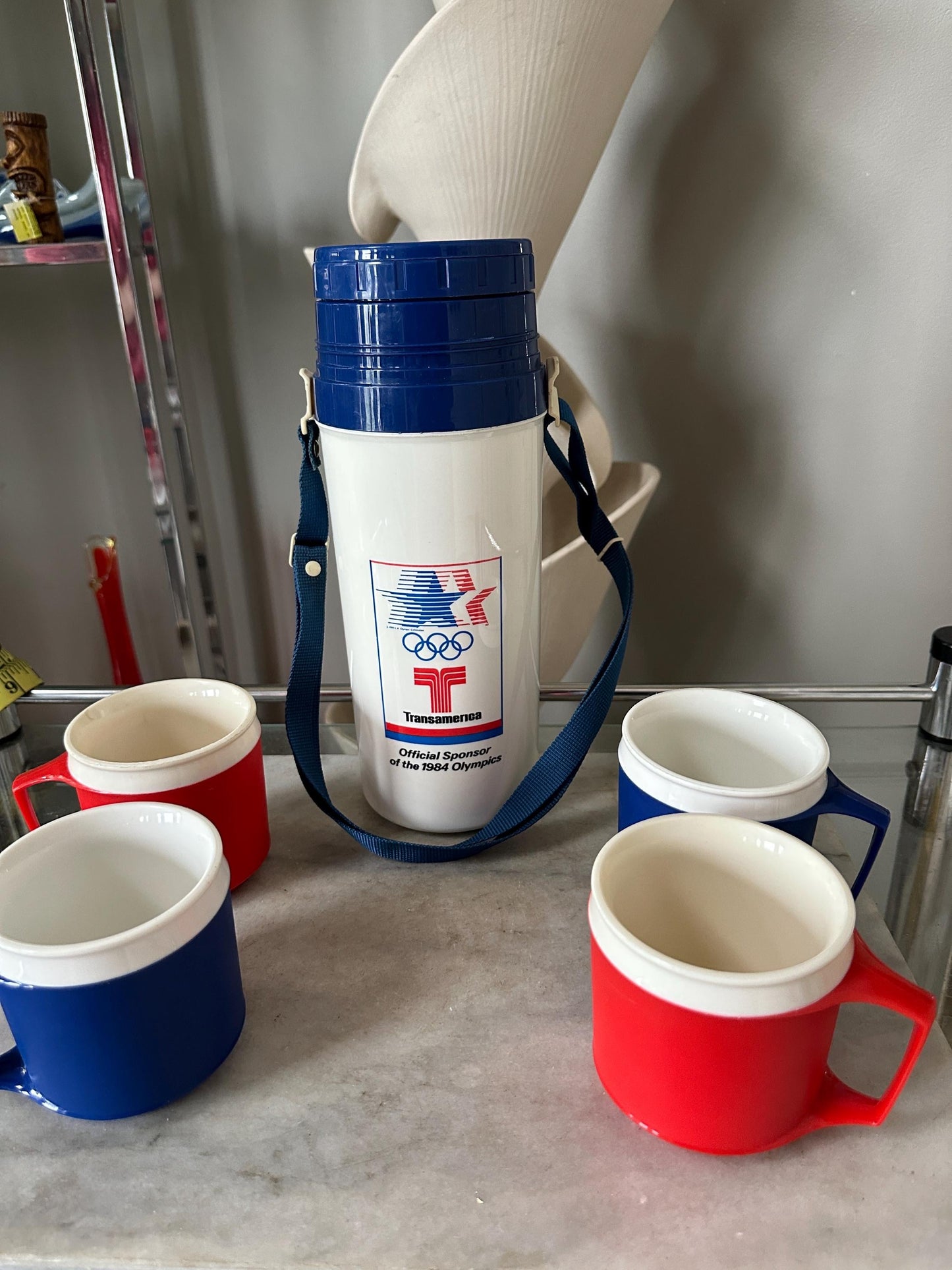 1984 Los Angeles Olympics Souvenir Thermos with Mugs | NOS