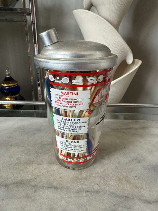 1950s Vintage Cocktail Shaker with Sports Theme and Stirrers