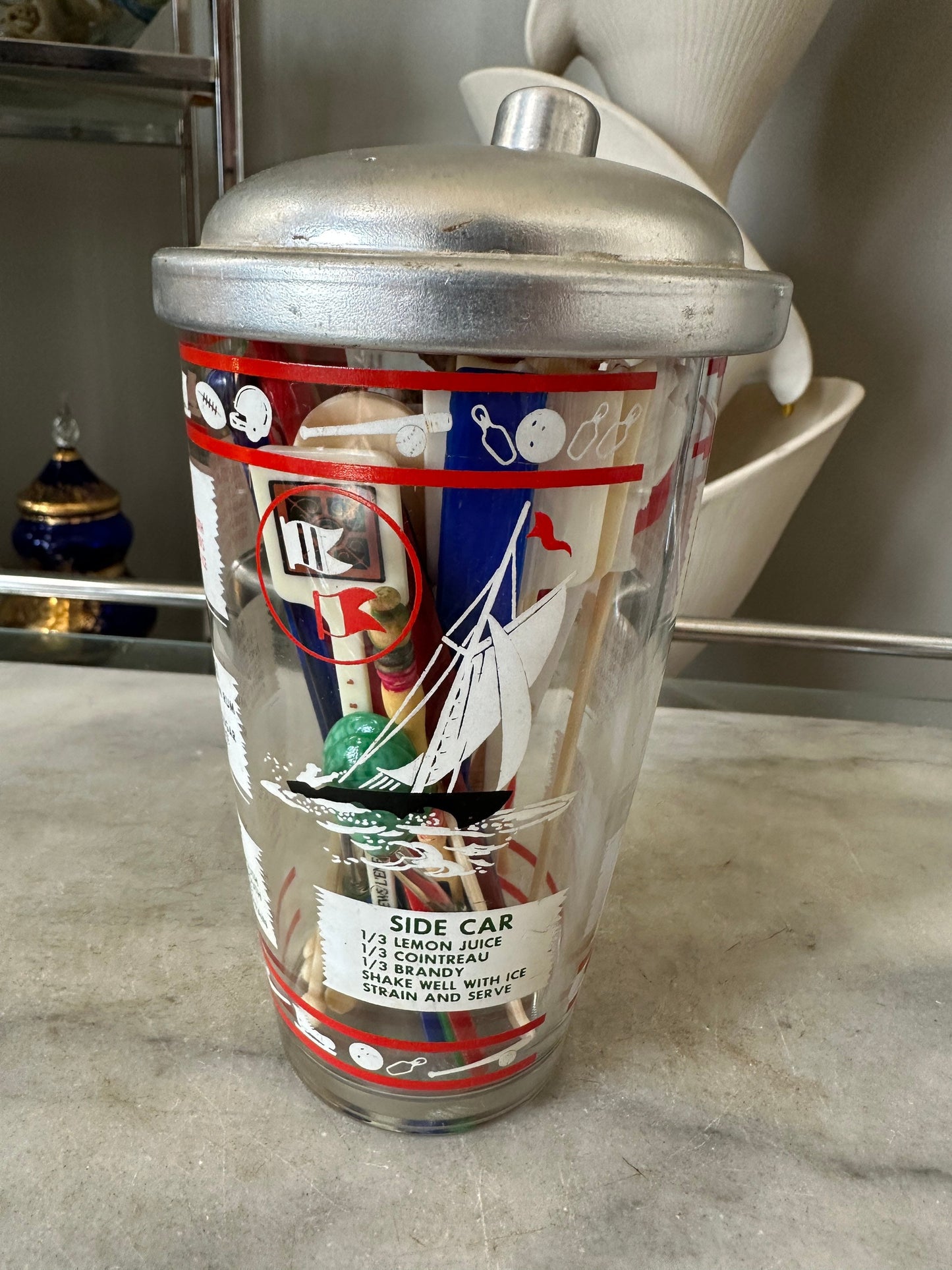 1950s Vintage Cocktail Shaker with Sports Theme and Stirrers