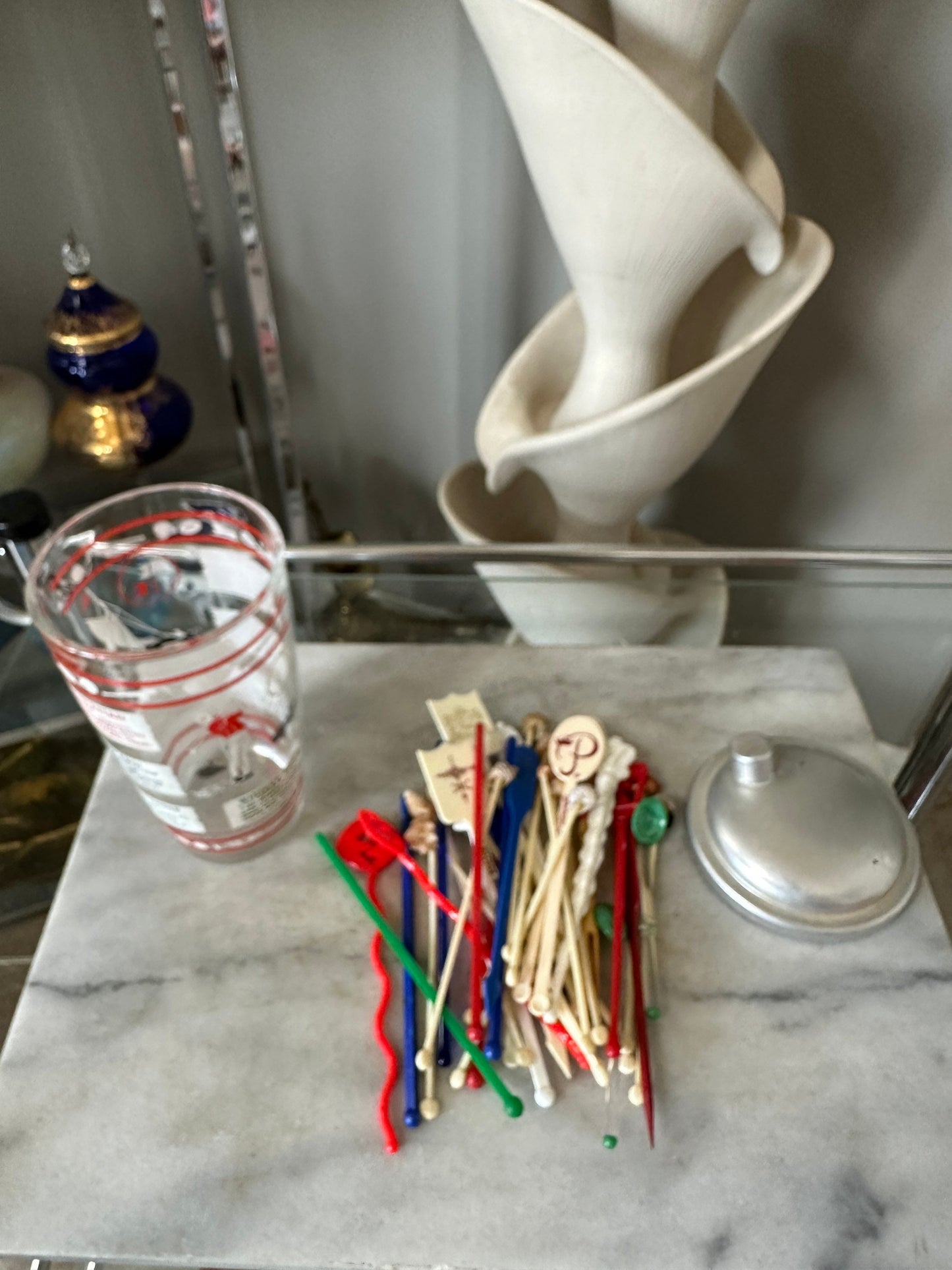 1950s Vintage Cocktail Shaker with Sports Theme and Stirrers