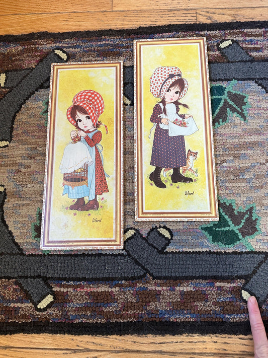 Vintage 1970s Big Eye Girl Lithographs on Cork - Soroka Sales Set