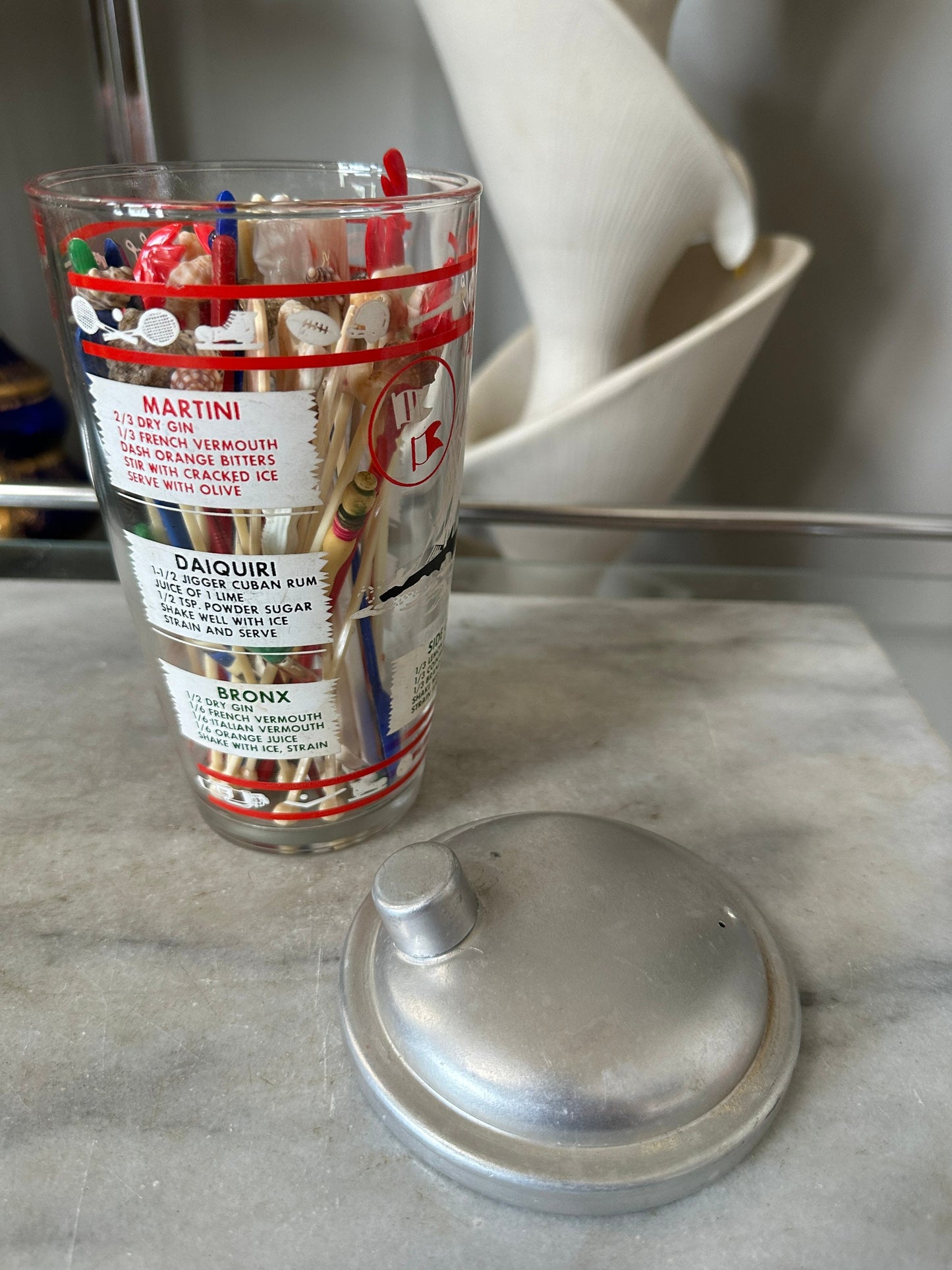 1950s Vintage Cocktail Shaker with Sports Theme and Stirrers