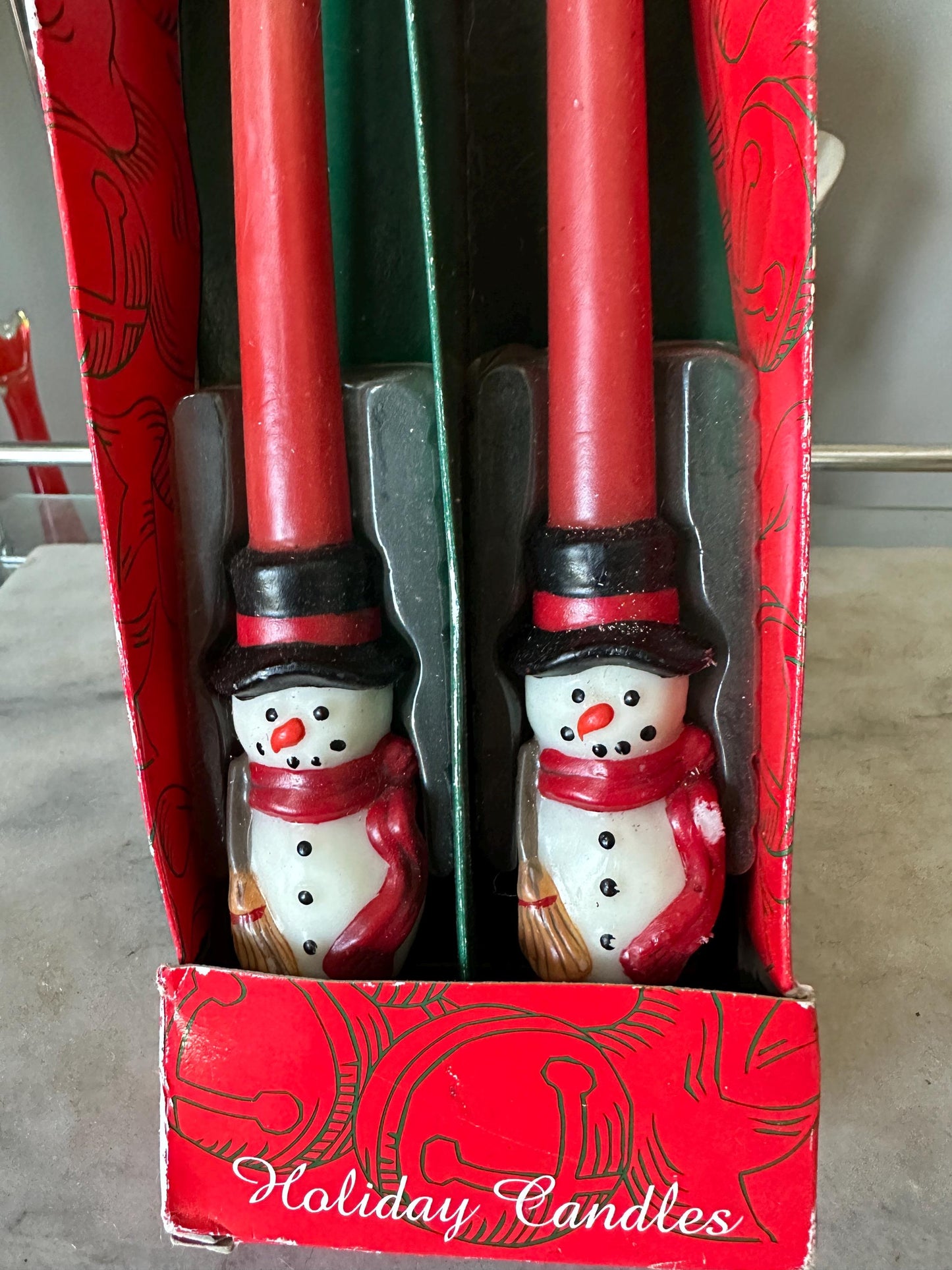 Vintage Snowmen (2) Taper Wax Candles 10" Unused New In Box, Christmas Kitsch