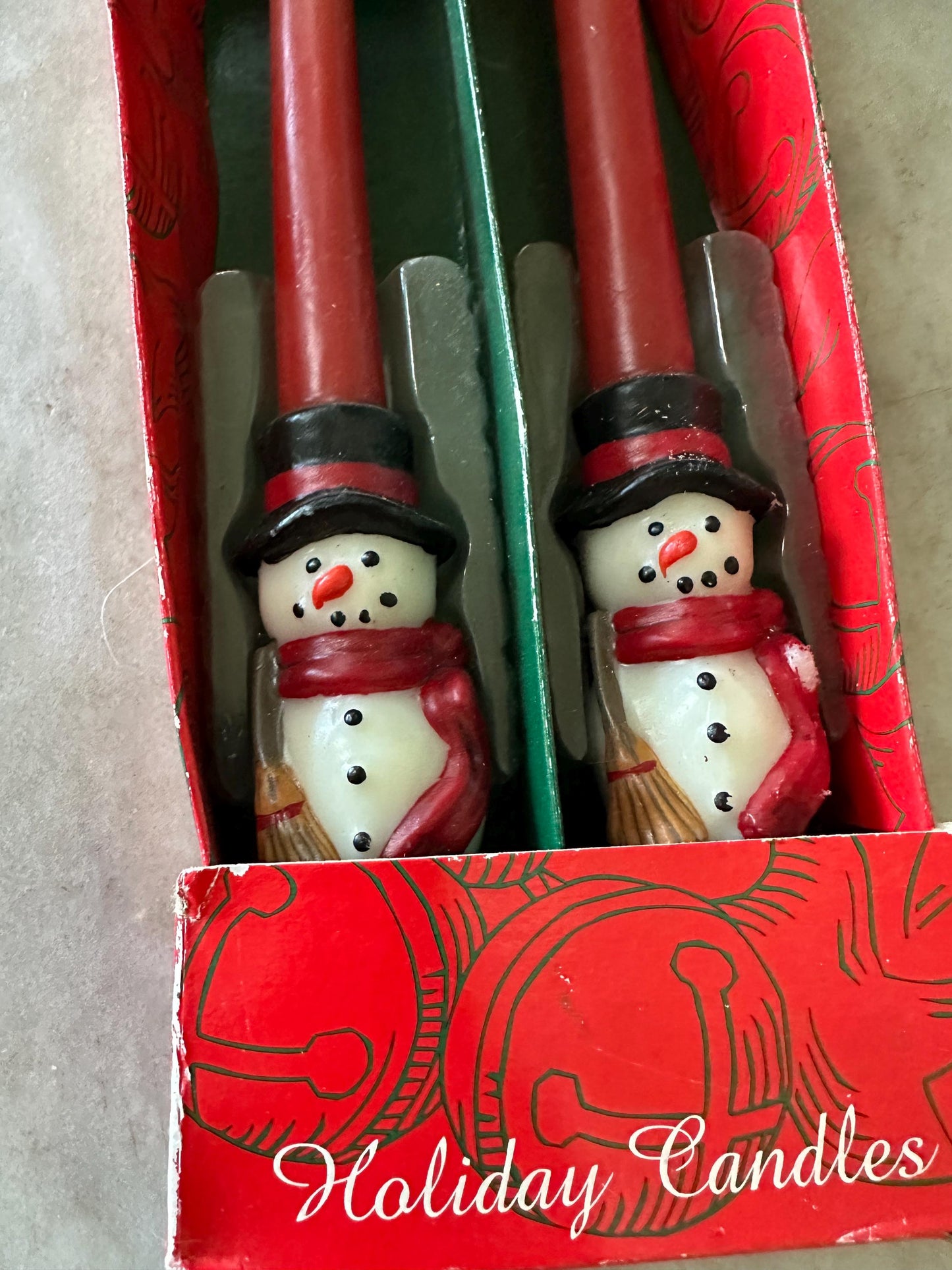 Vintage Snowmen (2) Taper Wax Candles 10" Unused New In Box, Christmas Kitsch