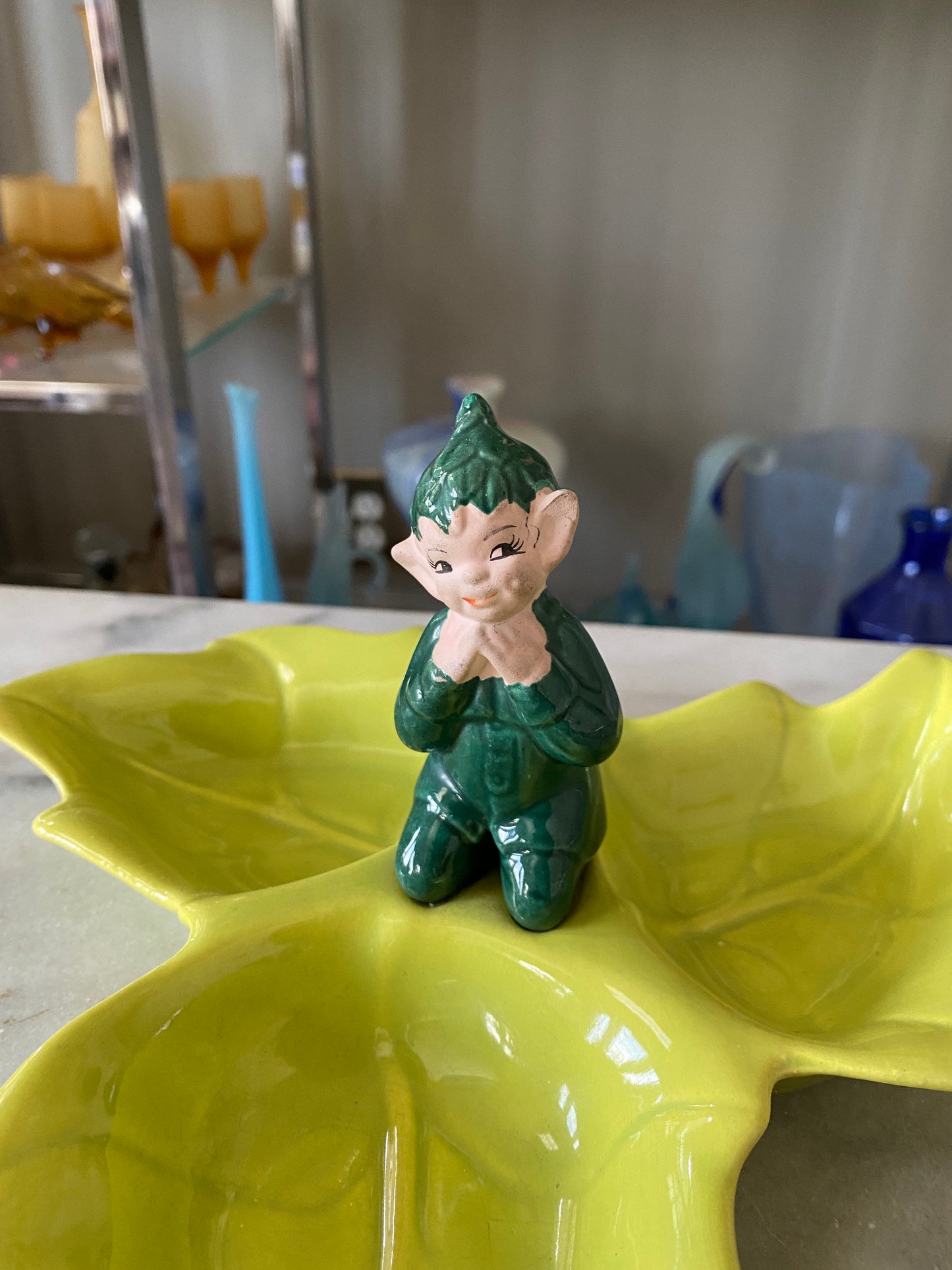 Vintage Gilner Pixie Elf Pottery Leaf Candy Dish - 1940s Kitsch Tray