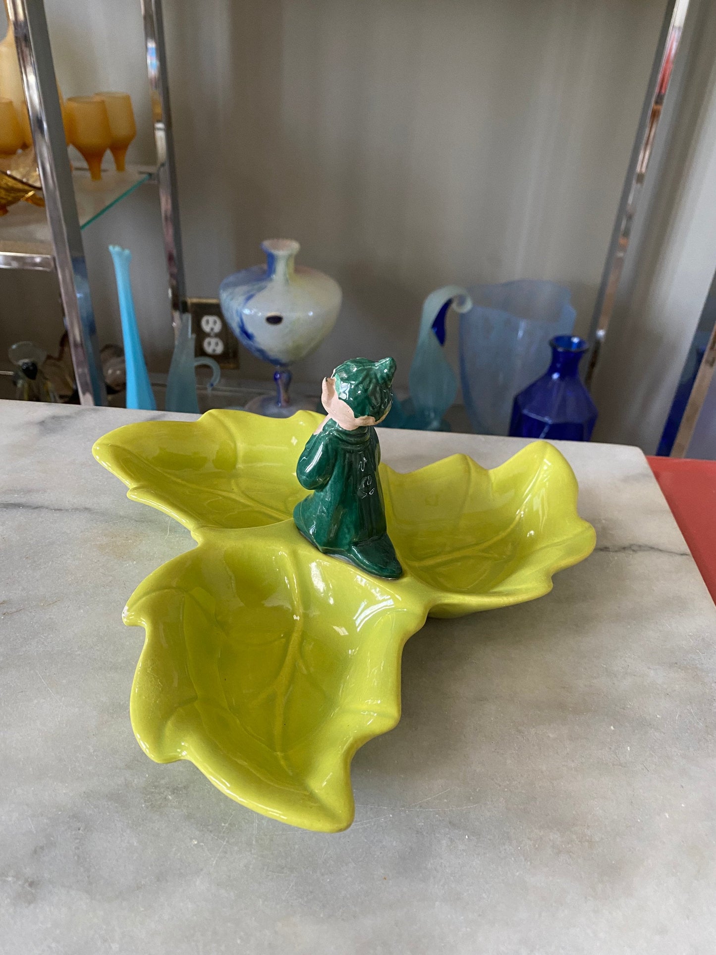 Vintage Gilner Pixie Elf Pottery Leaf Candy Dish - 1940s Kitsch Tray