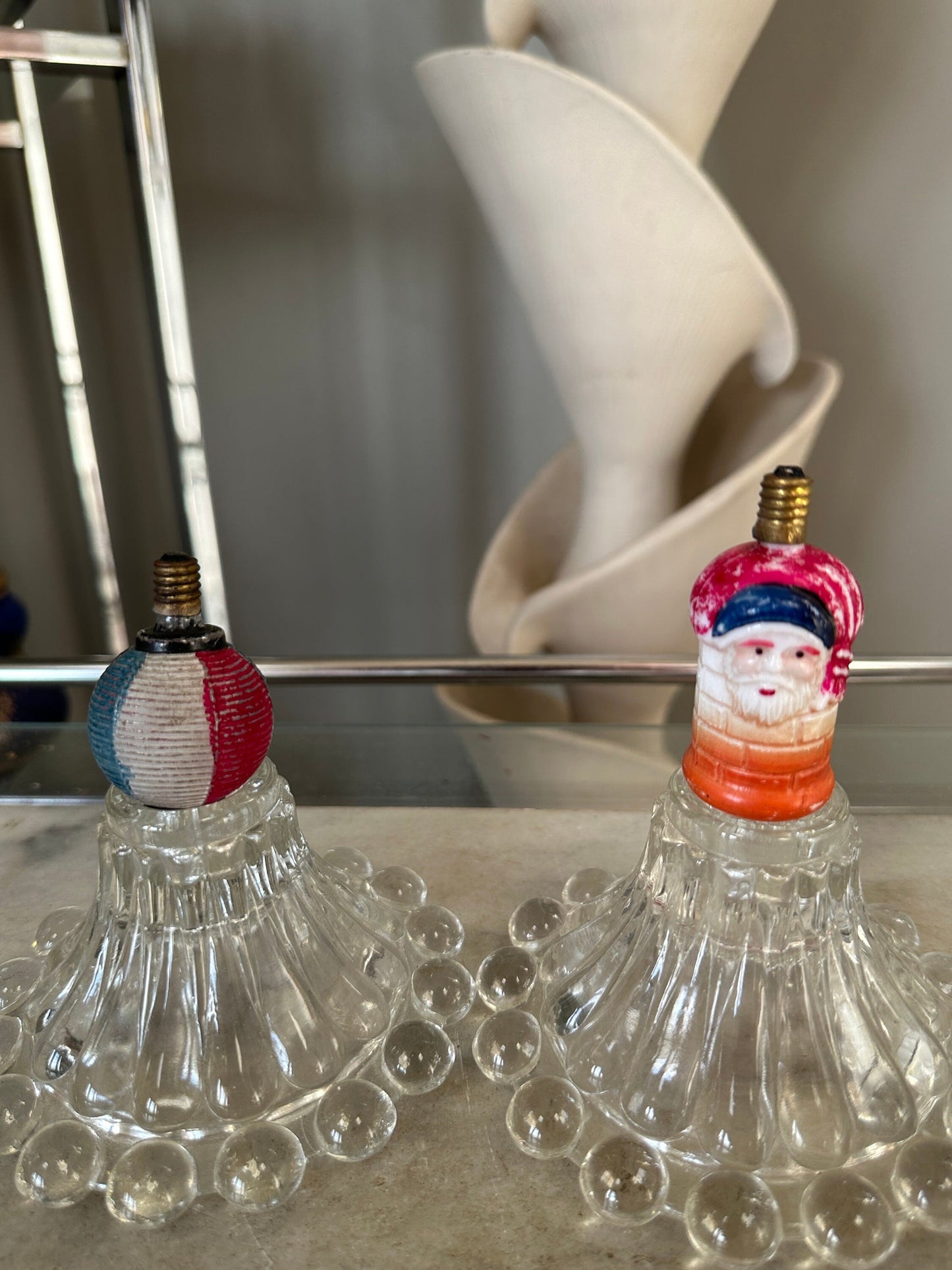 1930s Milk Glass Christmas Light Bulbs, 2 bulbs,  Santa & Striped Ornament