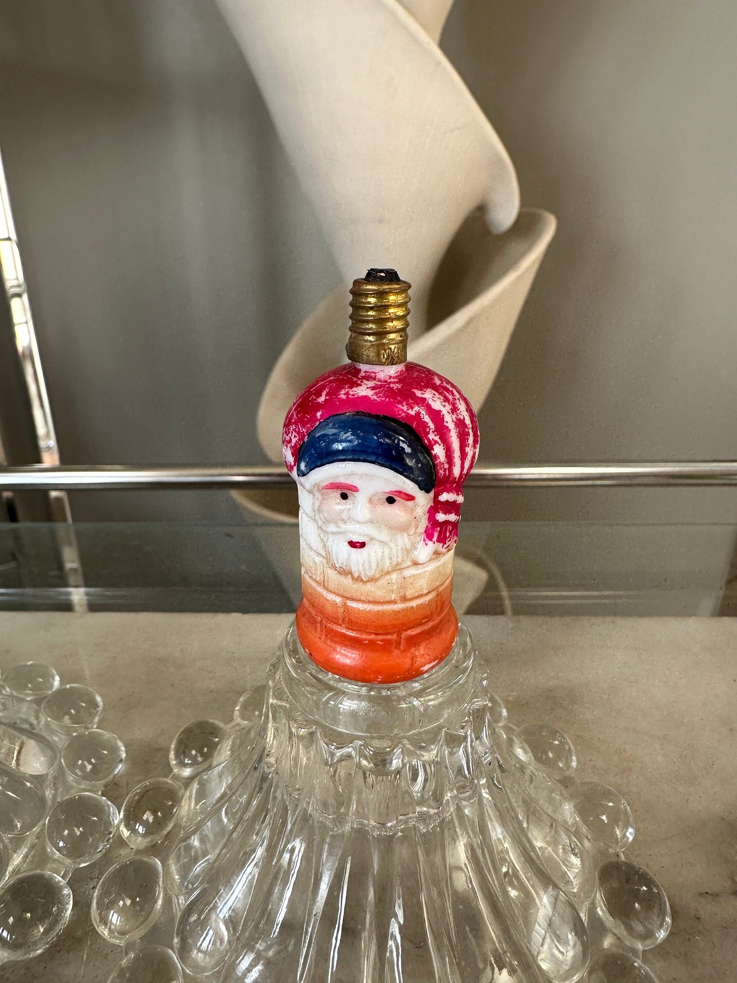 1930s Milk Glass Christmas Light Bulbs, 2 bulbs,  Santa & Striped Ornament