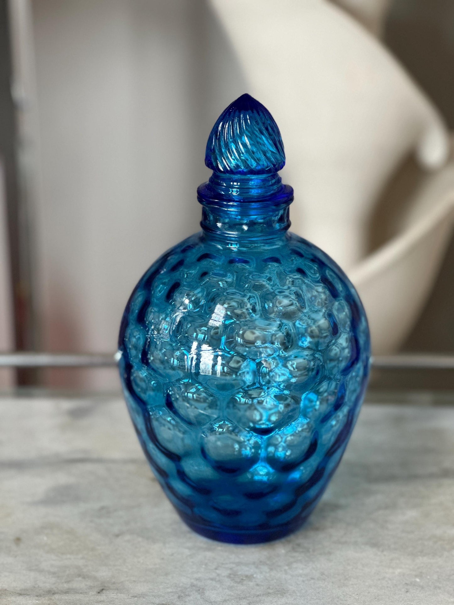 Vintage Blue Glass Honeycomb Decanter with Lid