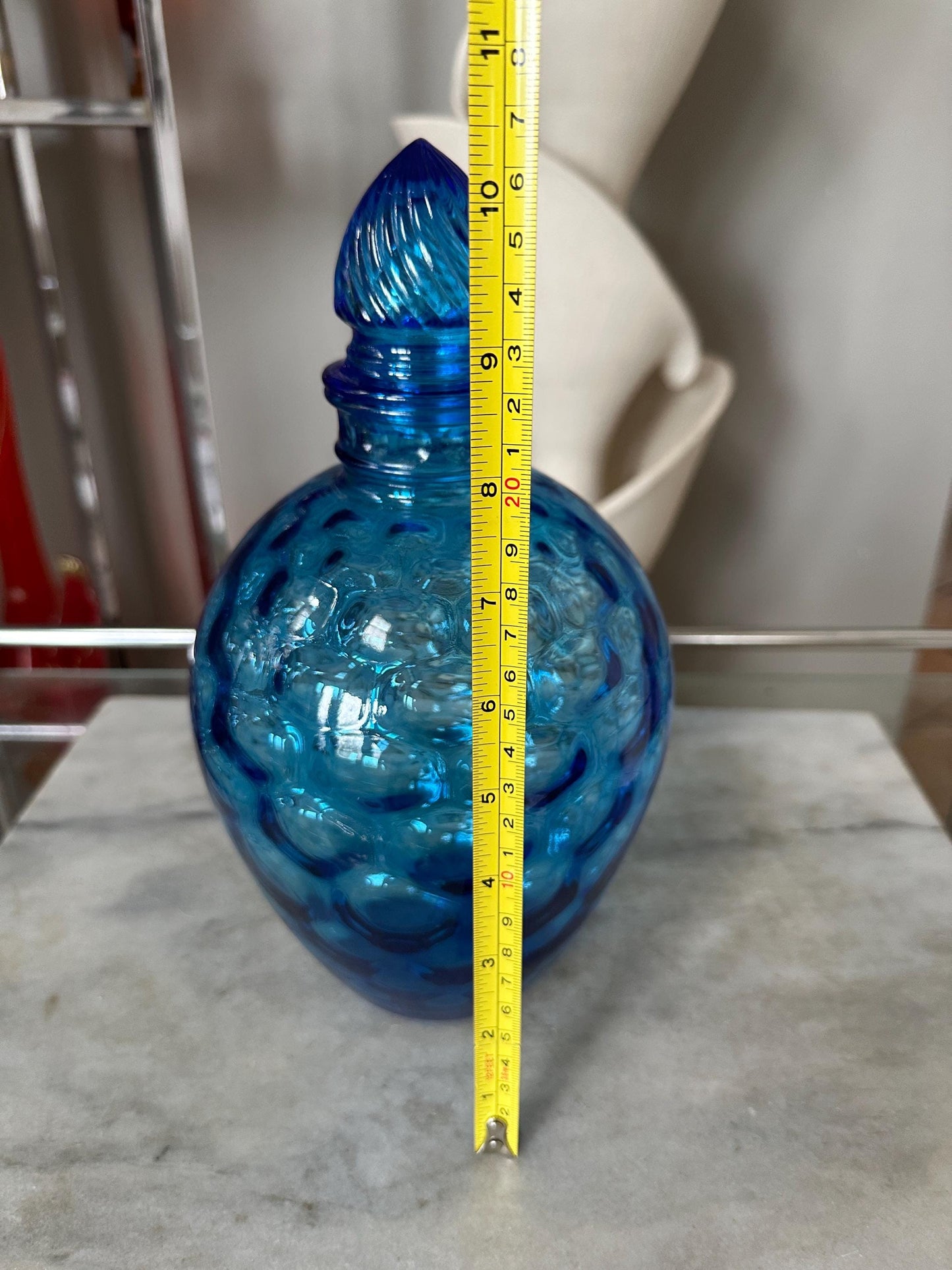 Vintage Blue Glass Honeycomb Decanter with Lid