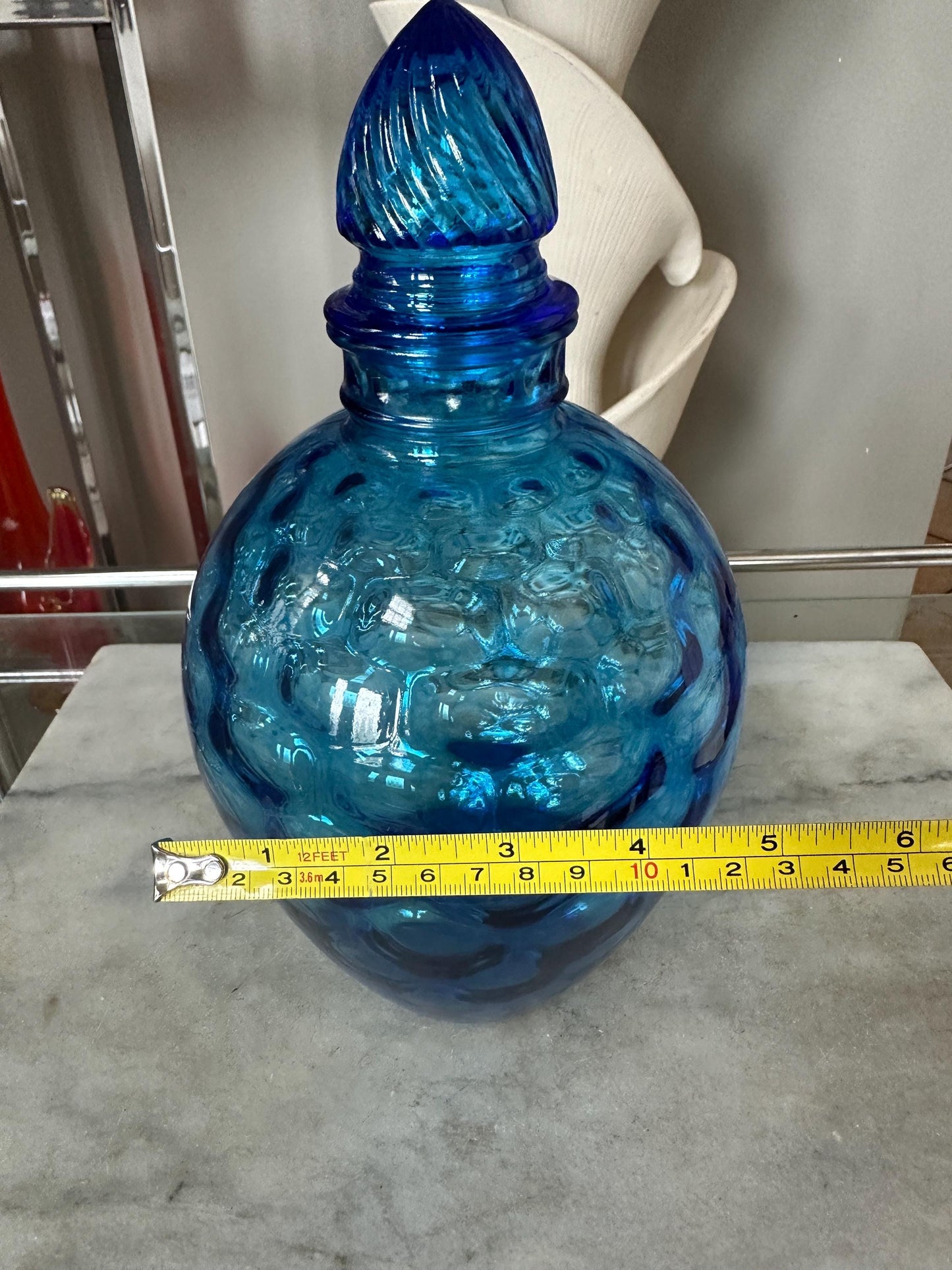 Vintage Blue Glass Honeycomb Decanter with Lid