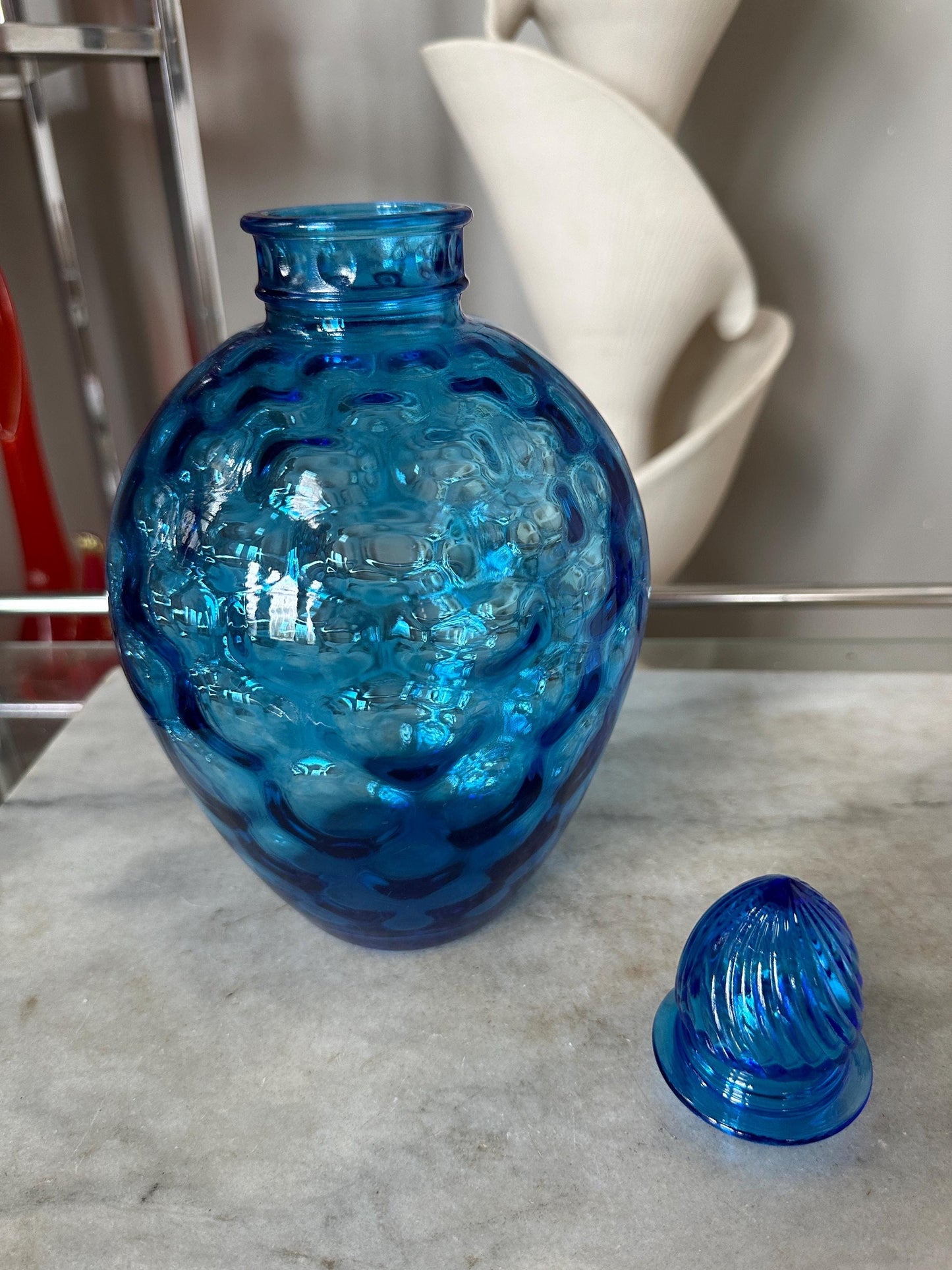 Vintage Blue Glass Honeycomb Decanter with Lid