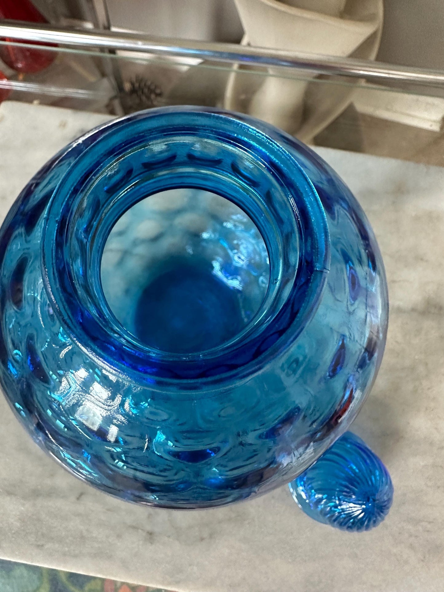 Vintage Blue Glass Honeycomb Decanter with Lid