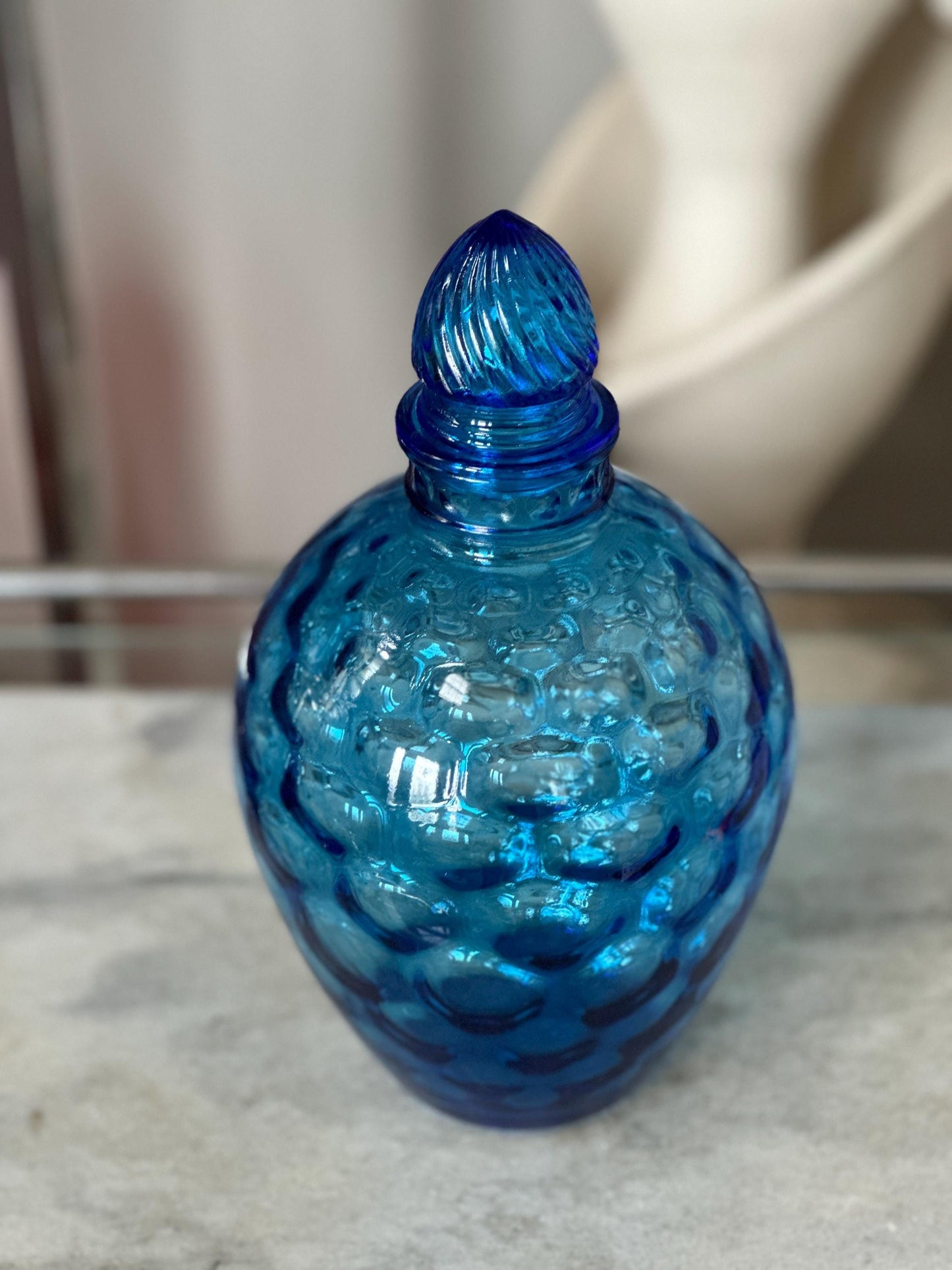 Vintage Blue Glass Honeycomb Decanter with Lid