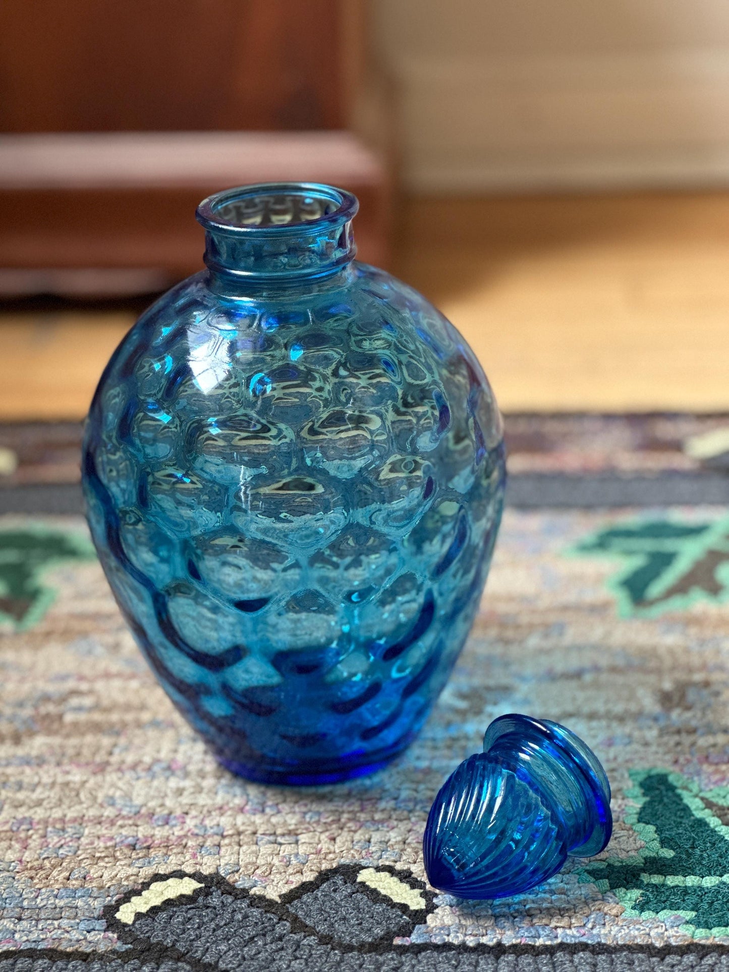 Vintage Blue Glass Honeycomb Decanter with Lid