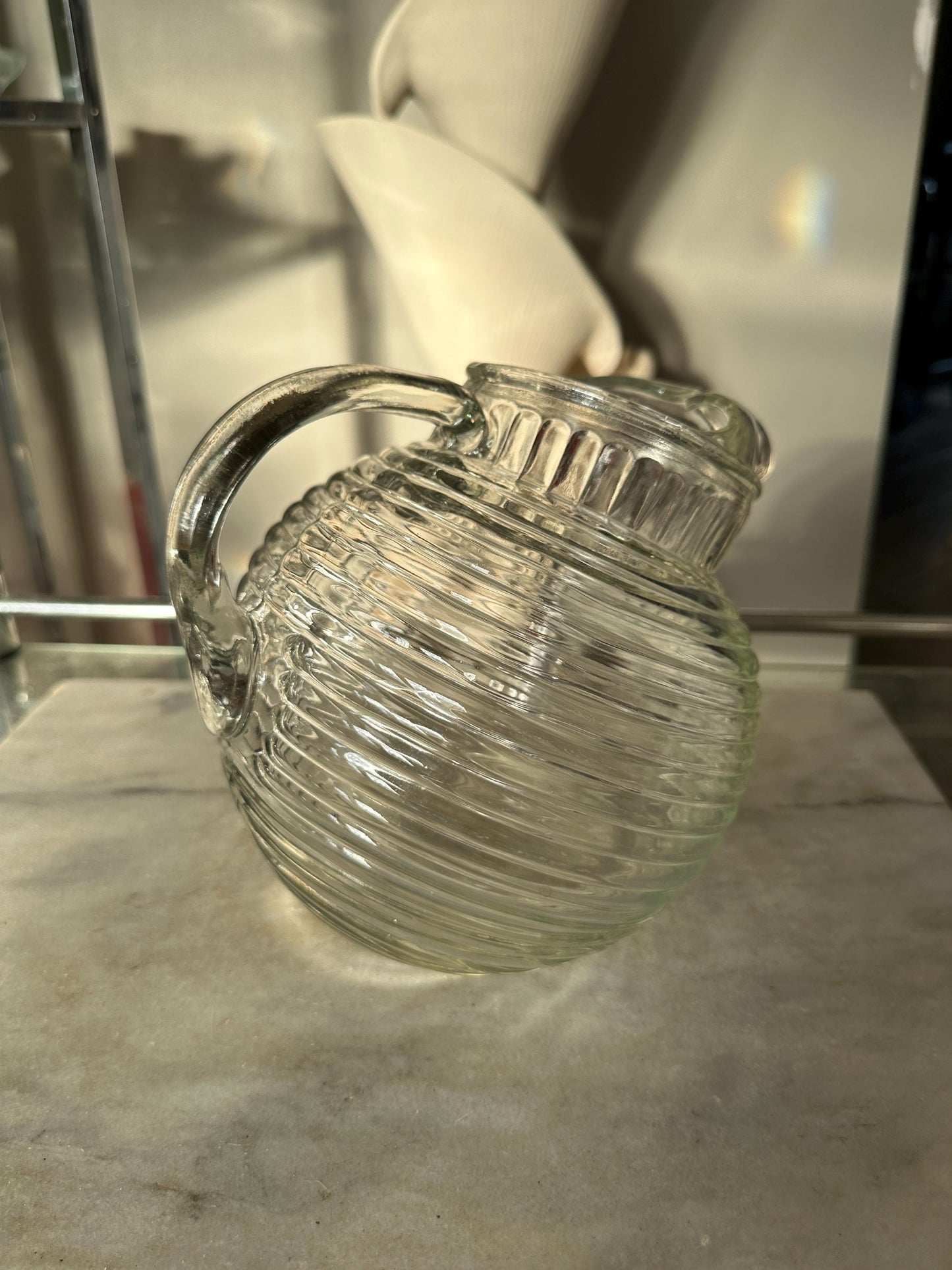 Vintage Ribbed Ball Pitcher: Anchor Hocking Style, 56 oz Ice Lip