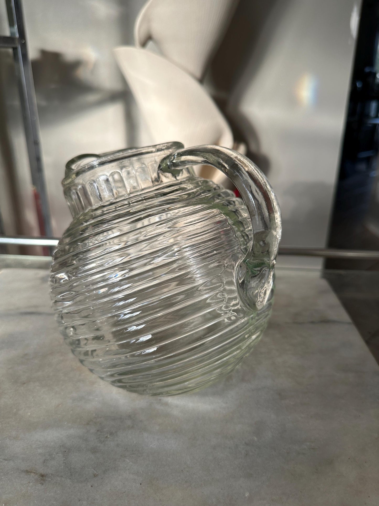 Vintage Ribbed Ball Pitcher: Anchor Hocking Style, 56 oz Ice Lip